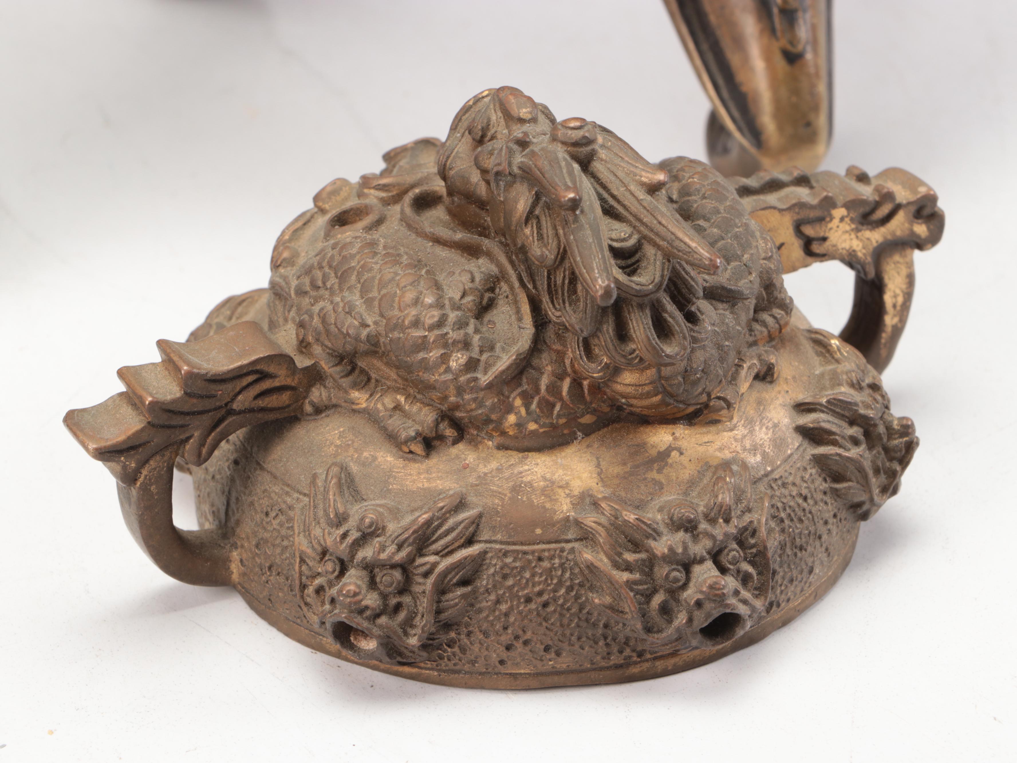 Chinese Brass Buddha Figure with Censers and Dragon Censer Lid