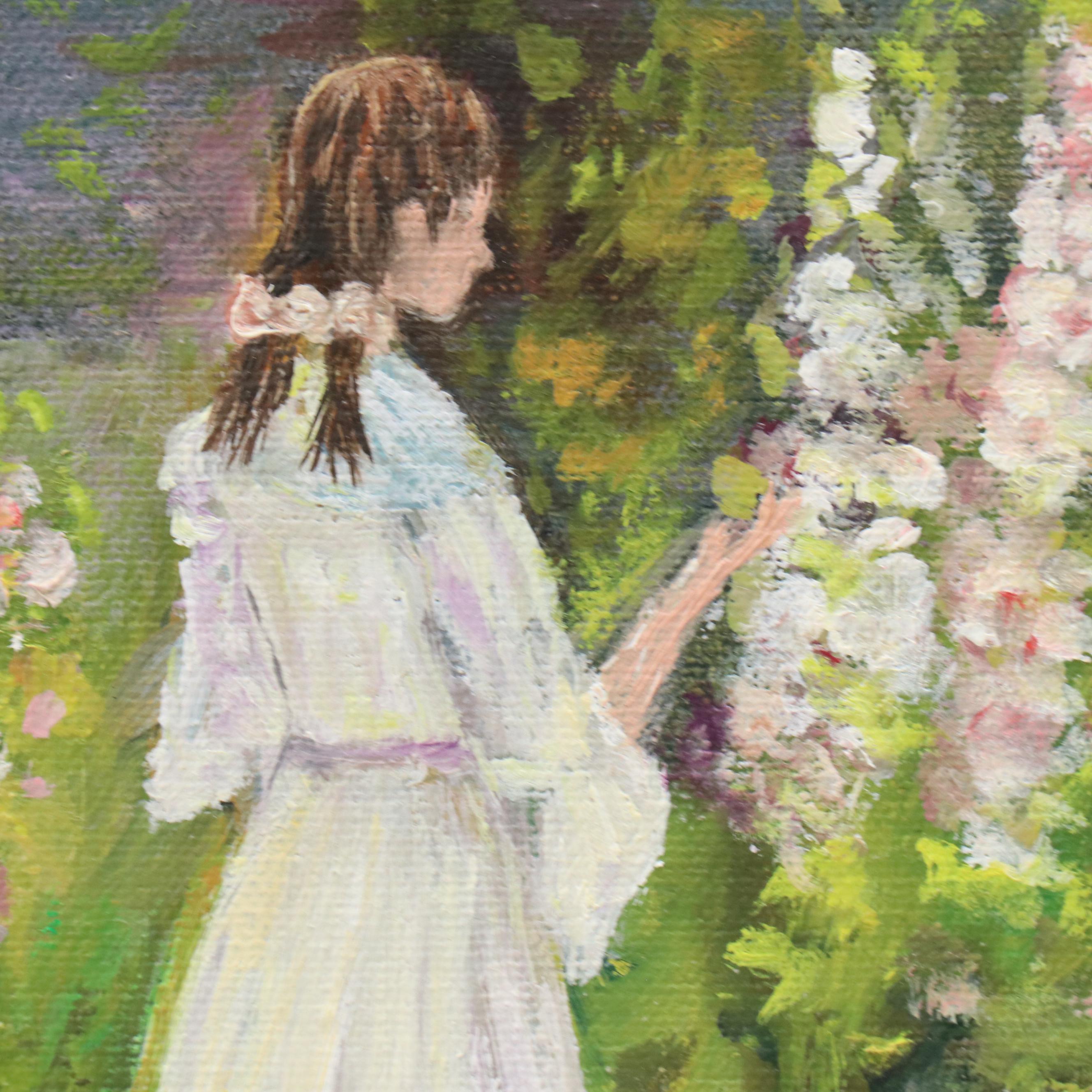 Impressionistic Style Oil Painting of Woman in Floral Landscape, 1996