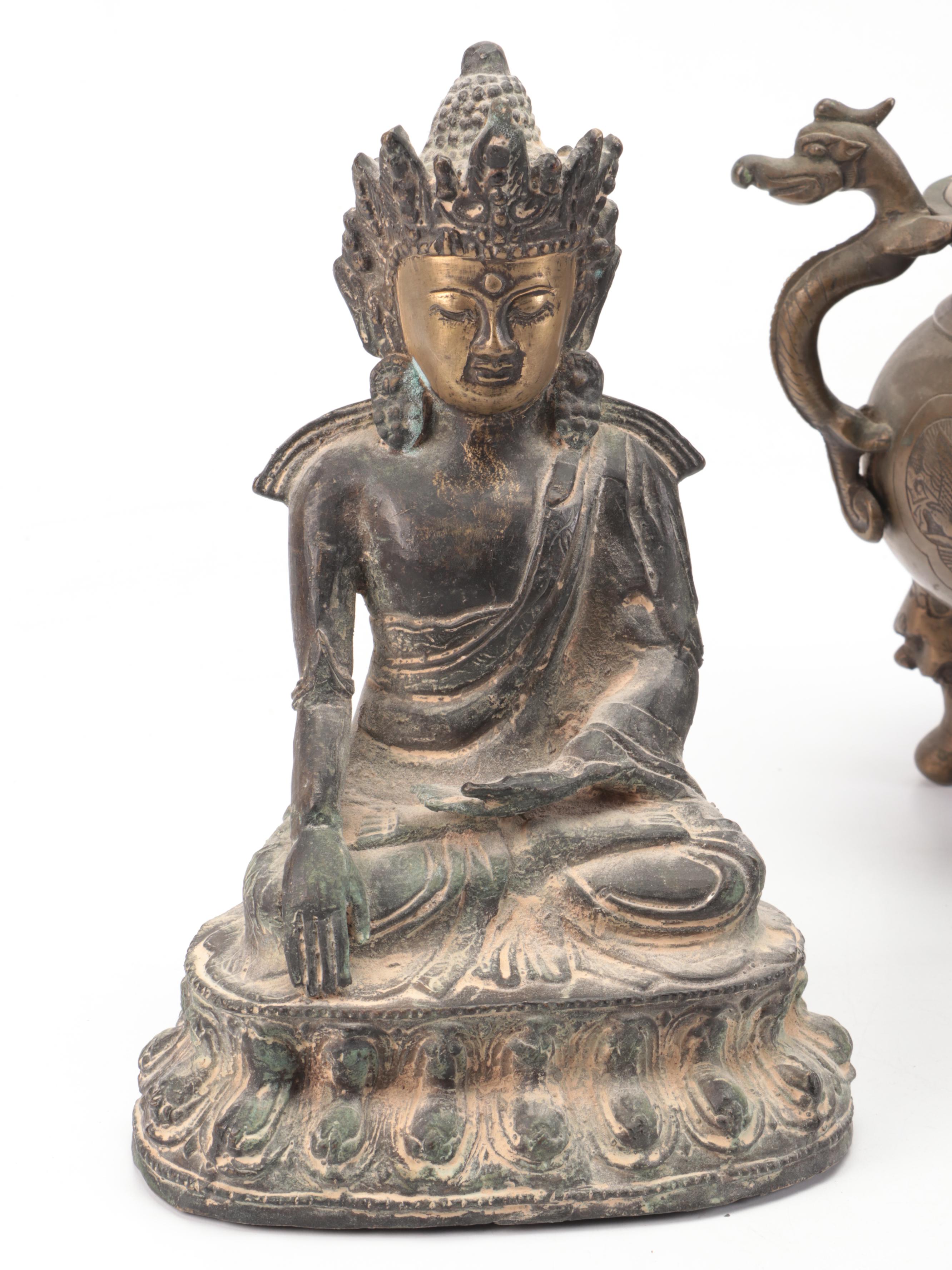 Chinese Brass Buddha Figure with Censers and Dragon Censer Lid
