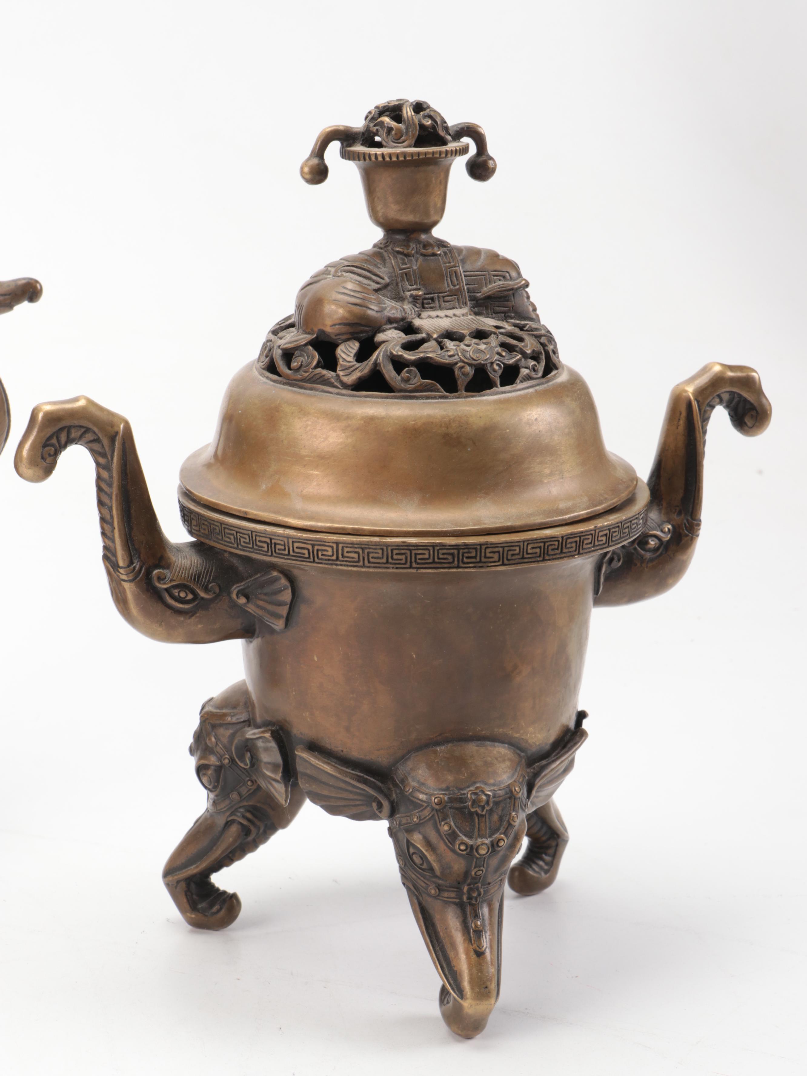 Chinese Brass Buddha Figure with Censers and Dragon Censer Lid