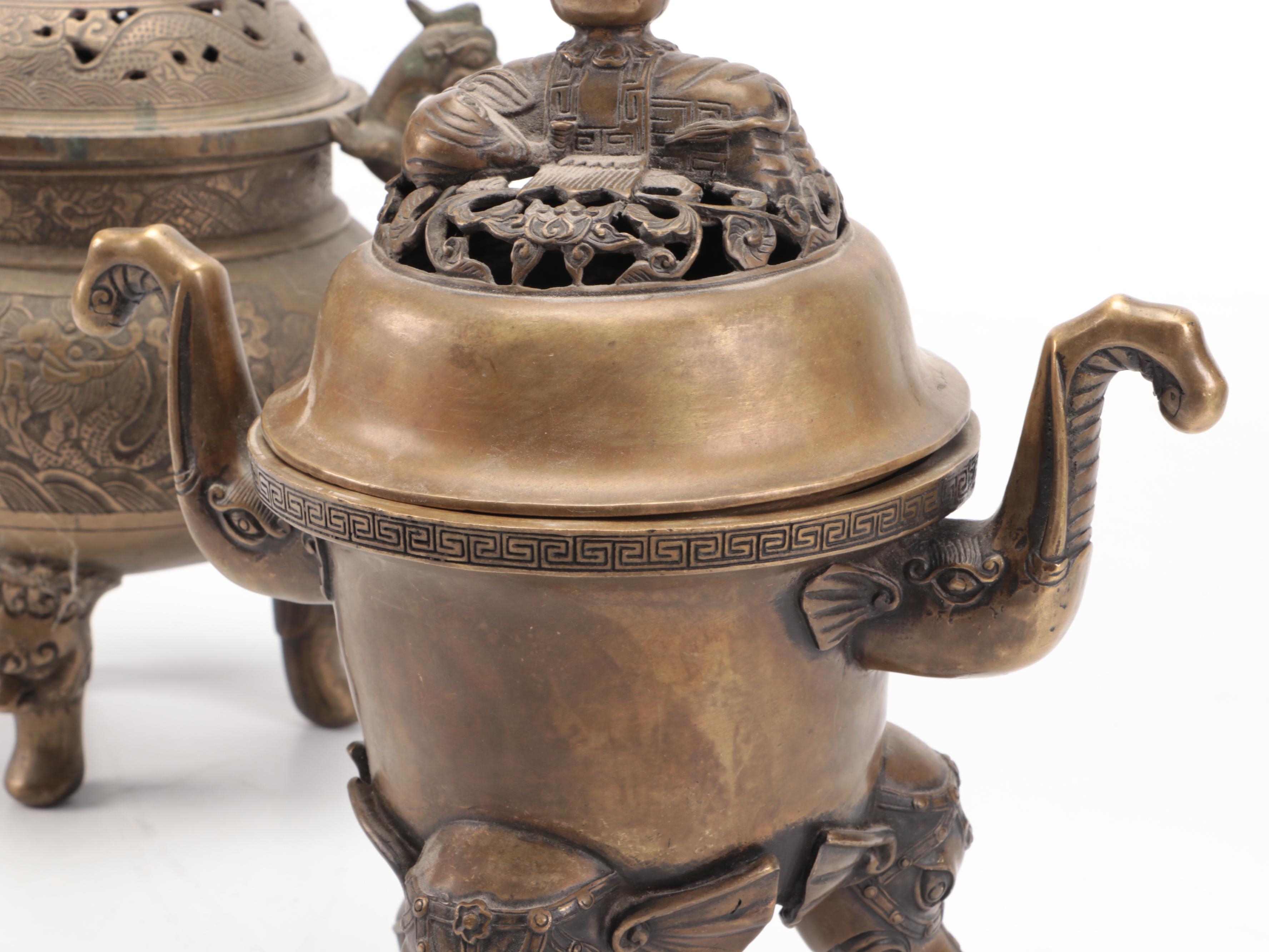 Chinese Brass Buddha Figure with Censers and Dragon Censer Lid