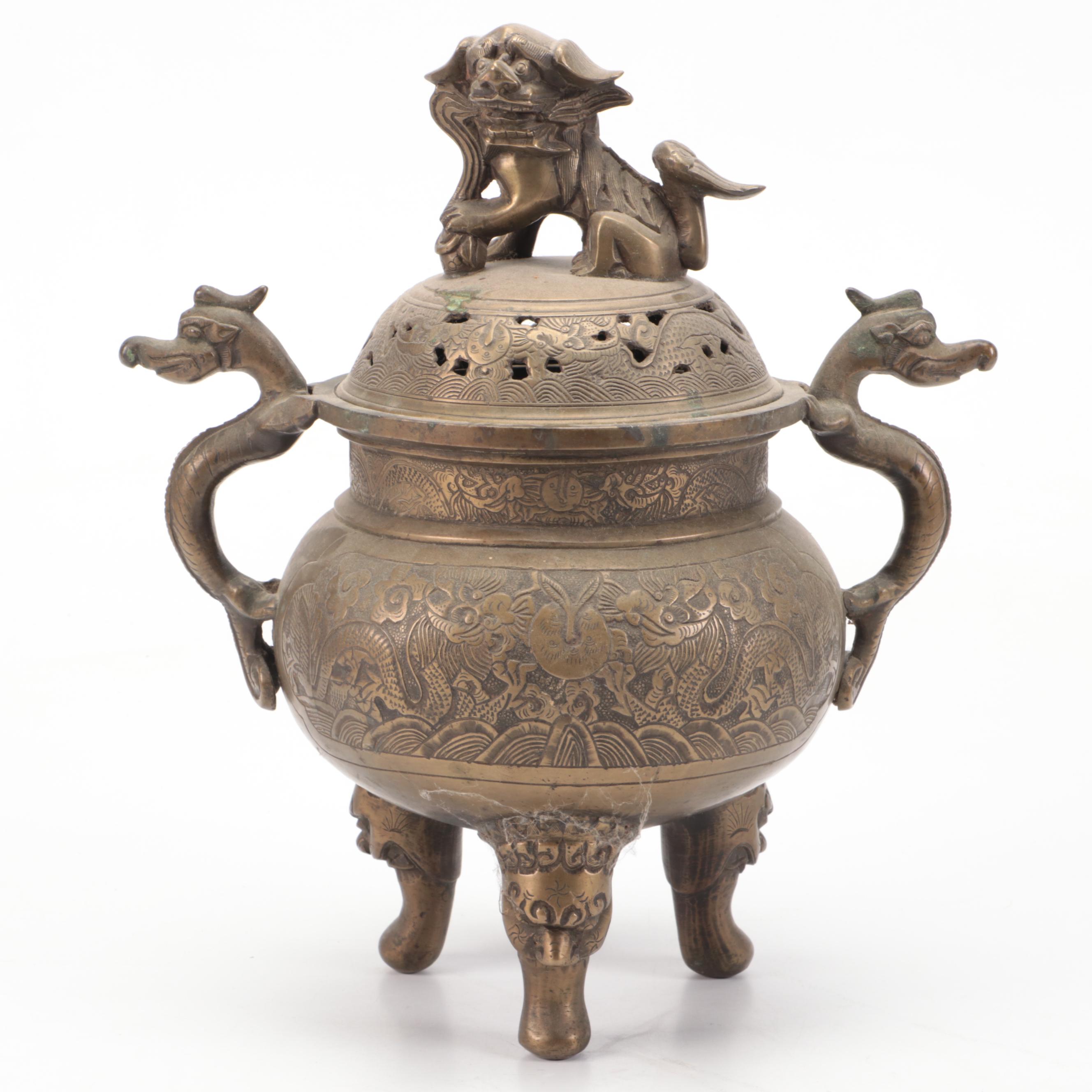 Chinese Brass Buddha Figure with Censers and Dragon Censer Lid
