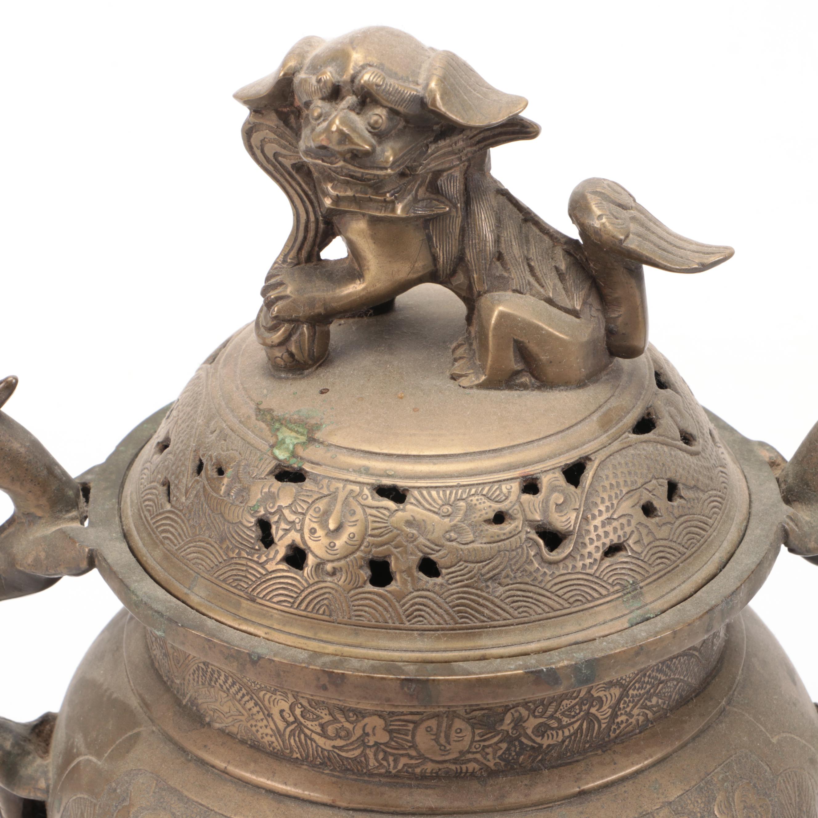 Chinese Brass Buddha Figure with Censers and Dragon Censer Lid