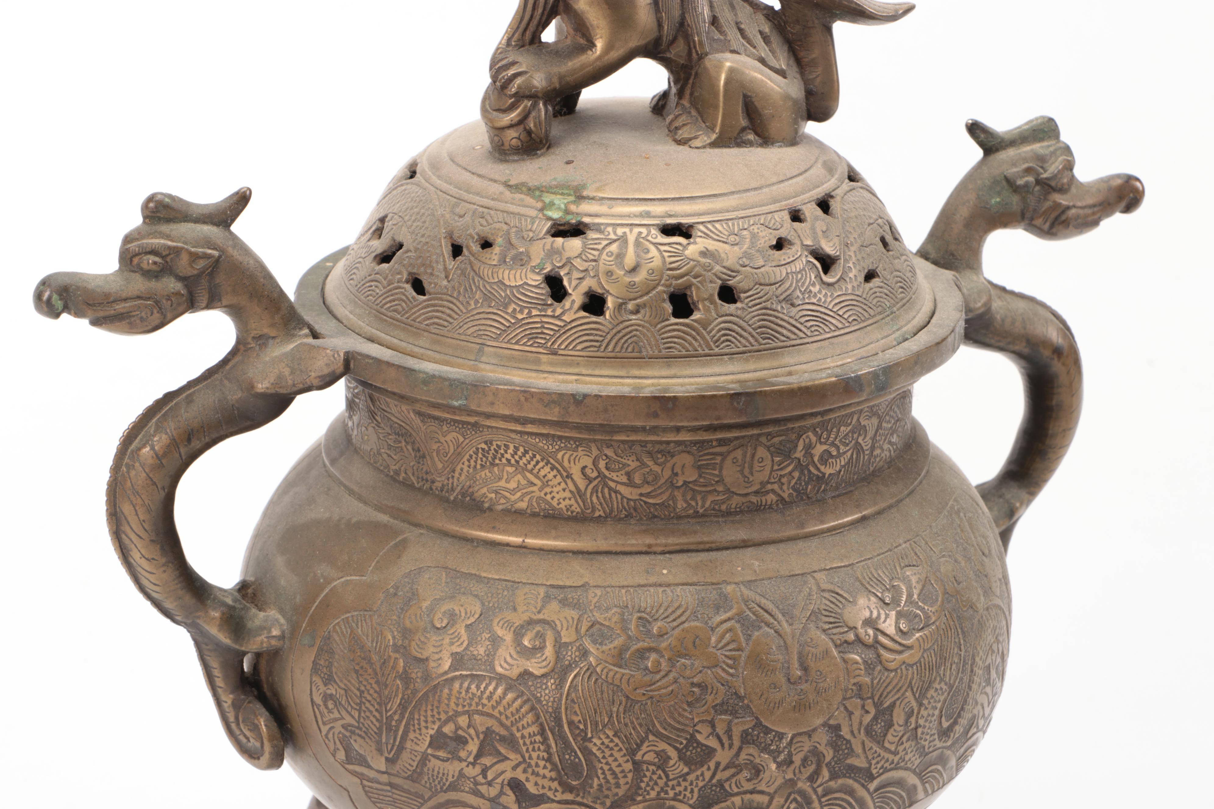 Chinese Brass Buddha Figure with Censers and Dragon Censer Lid
