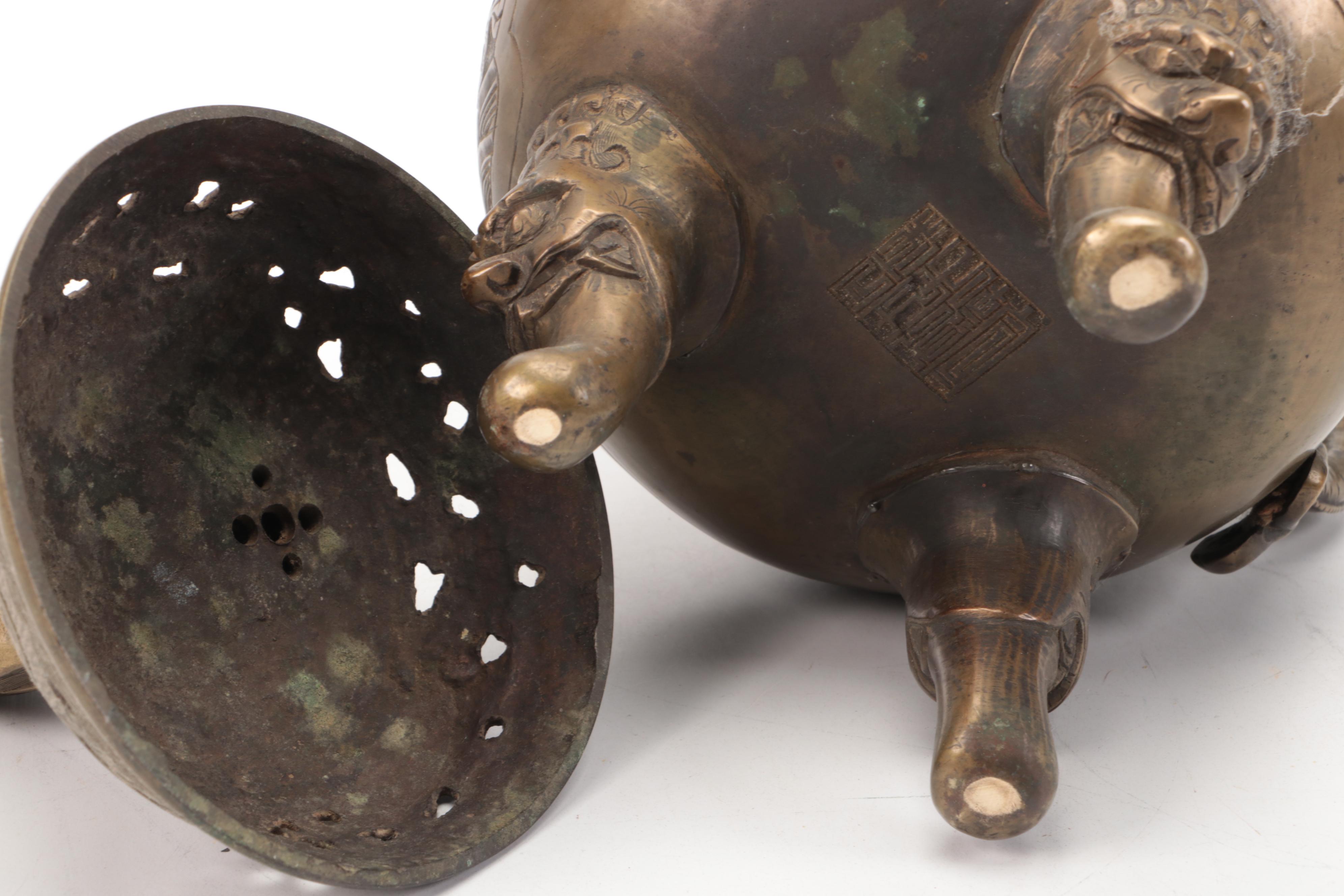 Chinese Brass Buddha Figure with Censers and Dragon Censer Lid