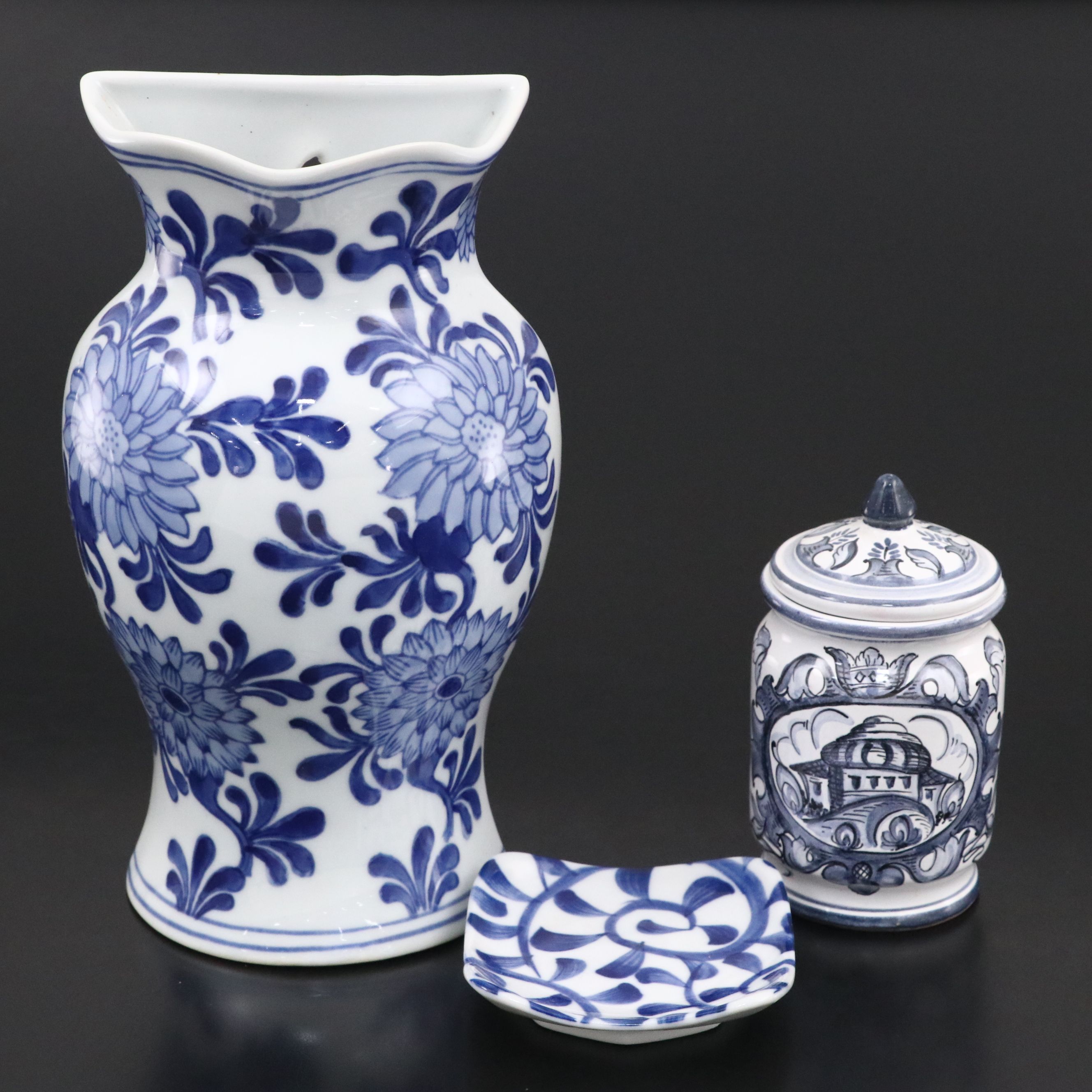 Hand-Painted Hungarian Lidded Vessel with Chinoiserie Vase Wall Pocket and Dish