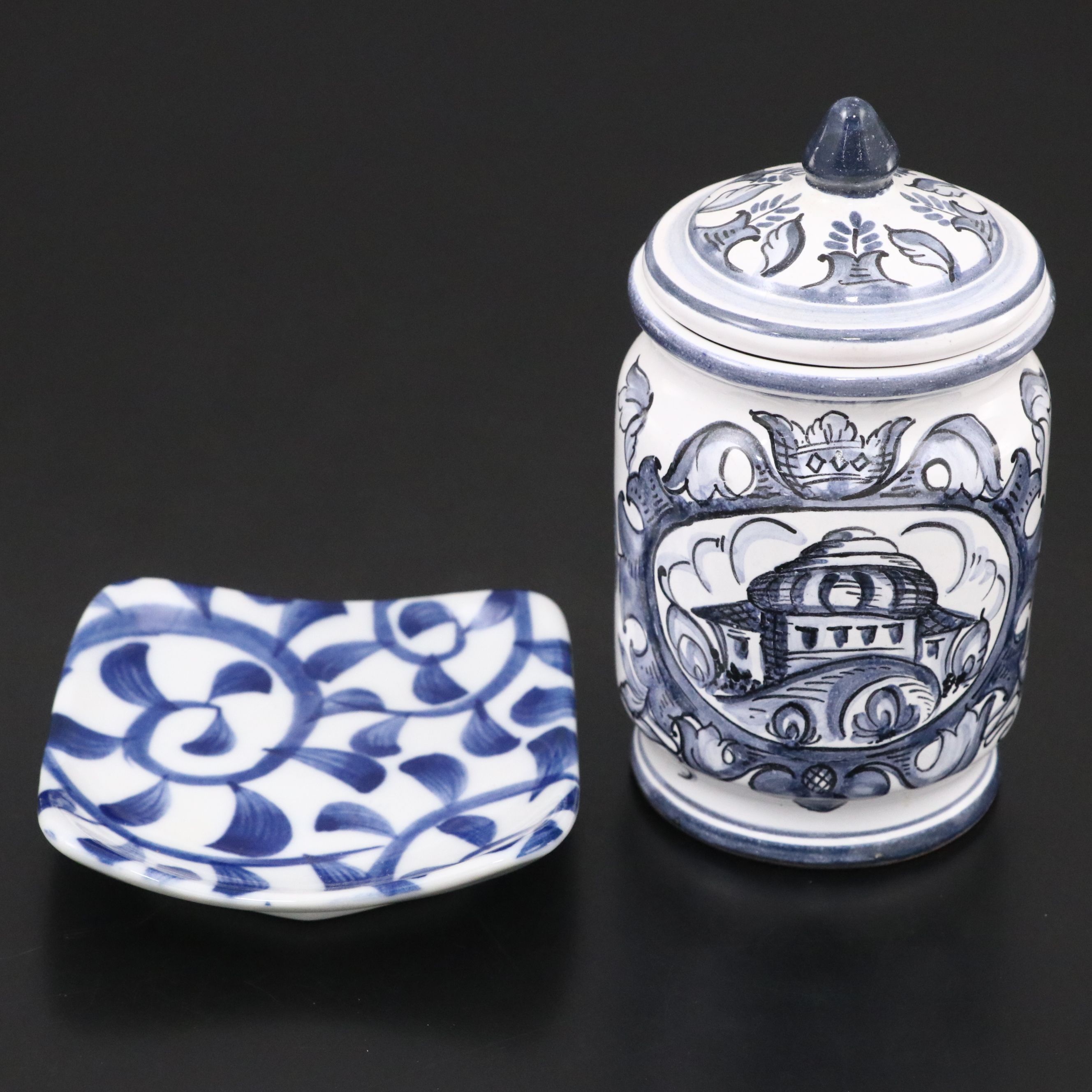 Hand-Painted Hungarian Lidded Vessel with Chinoiserie Vase Wall Pocket and Dish