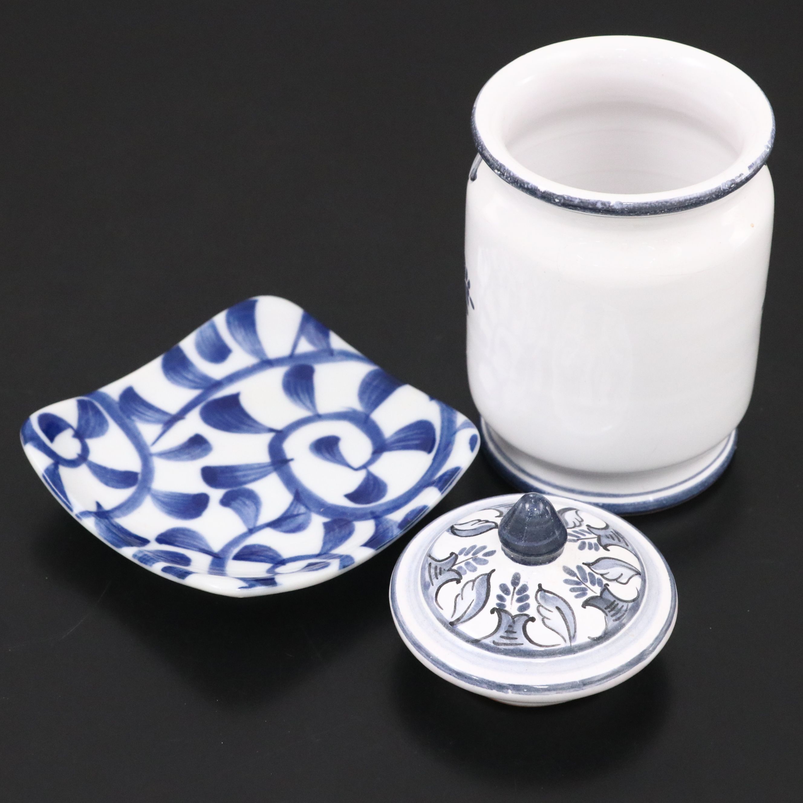 Hand-Painted Hungarian Lidded Vessel with Chinoiserie Vase Wall Pocket and Dish