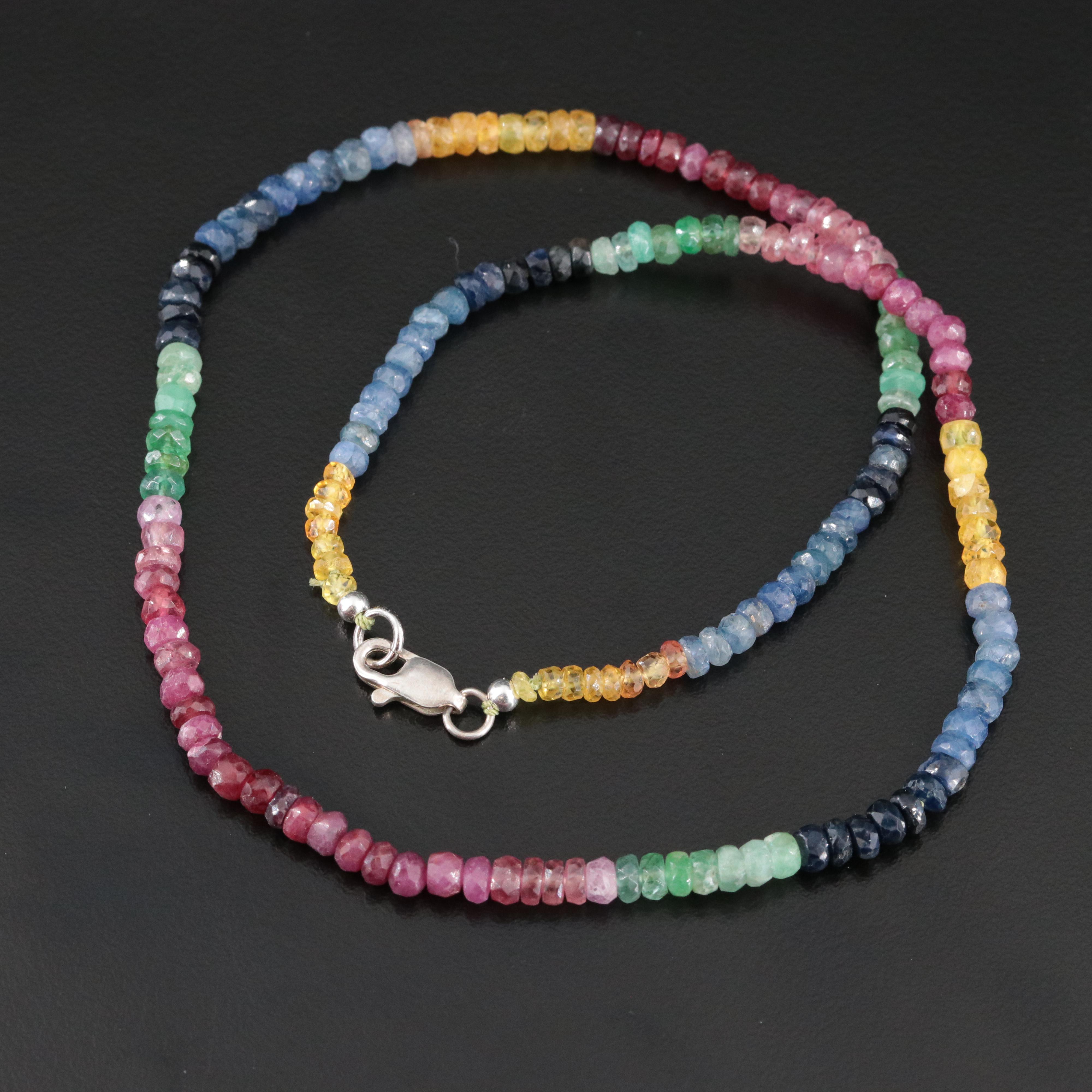 Ruby, Emerald and Sapphire Bead Necklace with Sterling Clasp