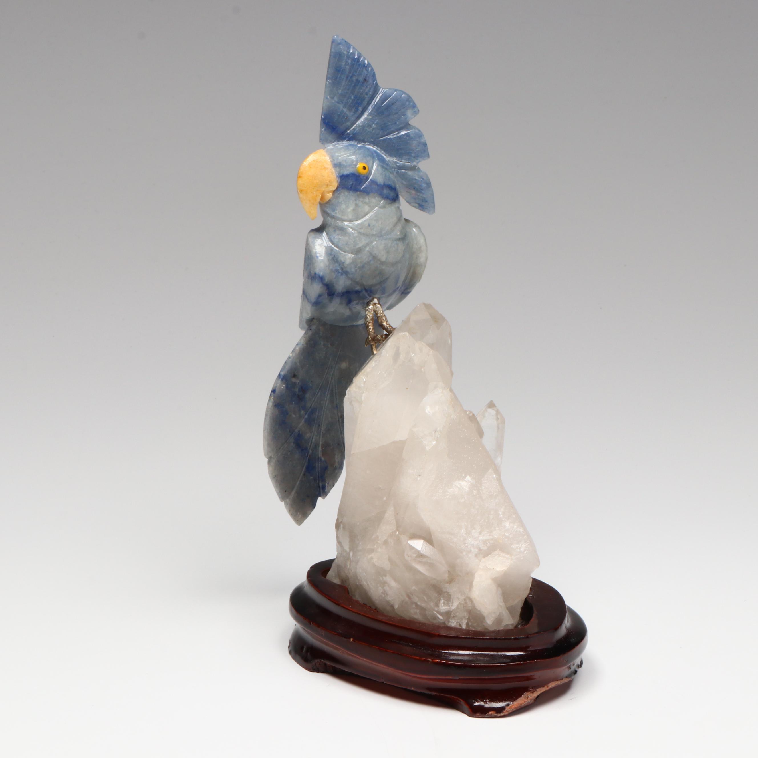 Brazilian Hand-Carved Sodalite and Stone Cockatoo with Clear Quartz Perch