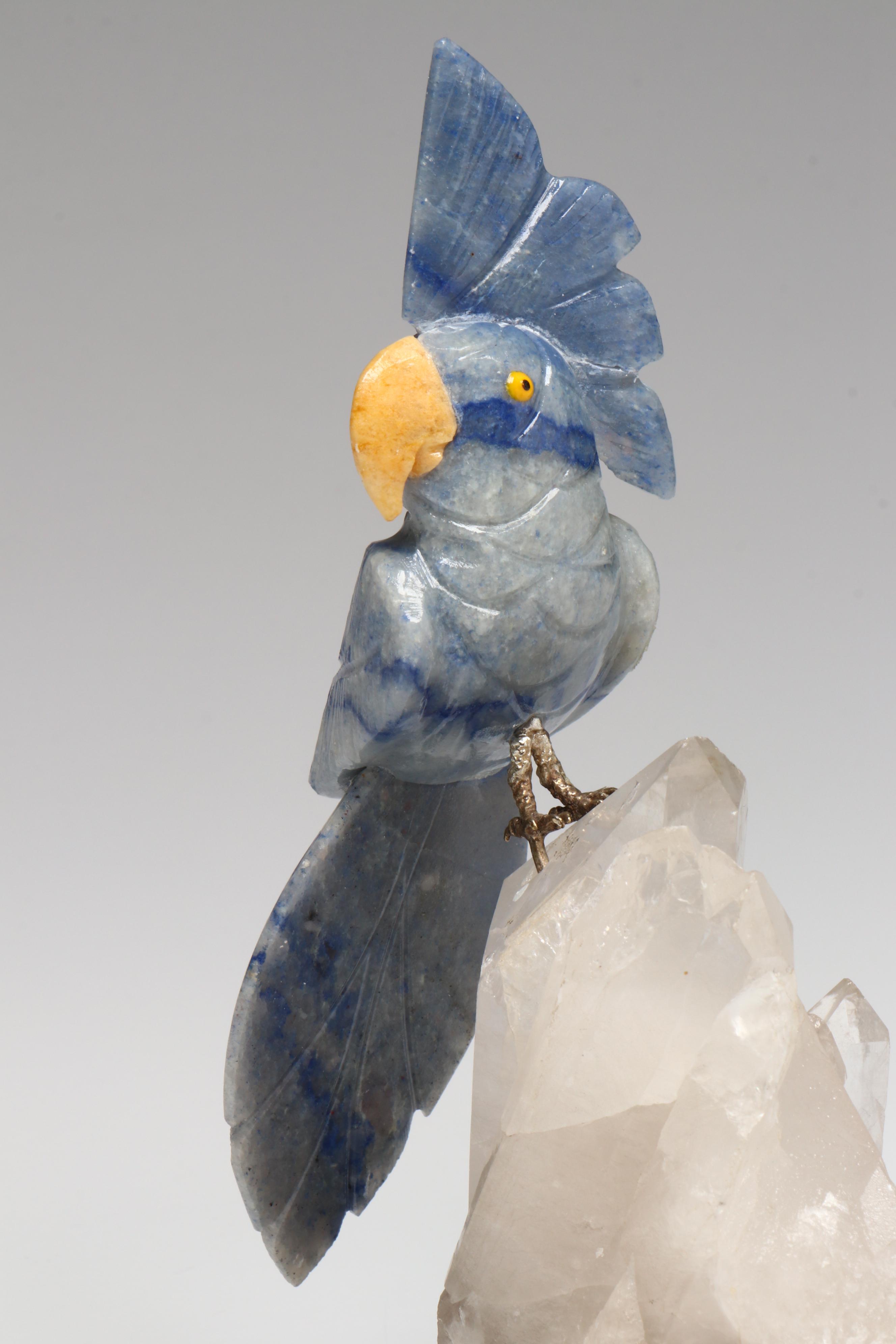 Brazilian Hand-Carved Sodalite and Stone Cockatoo with Clear Quartz Perch