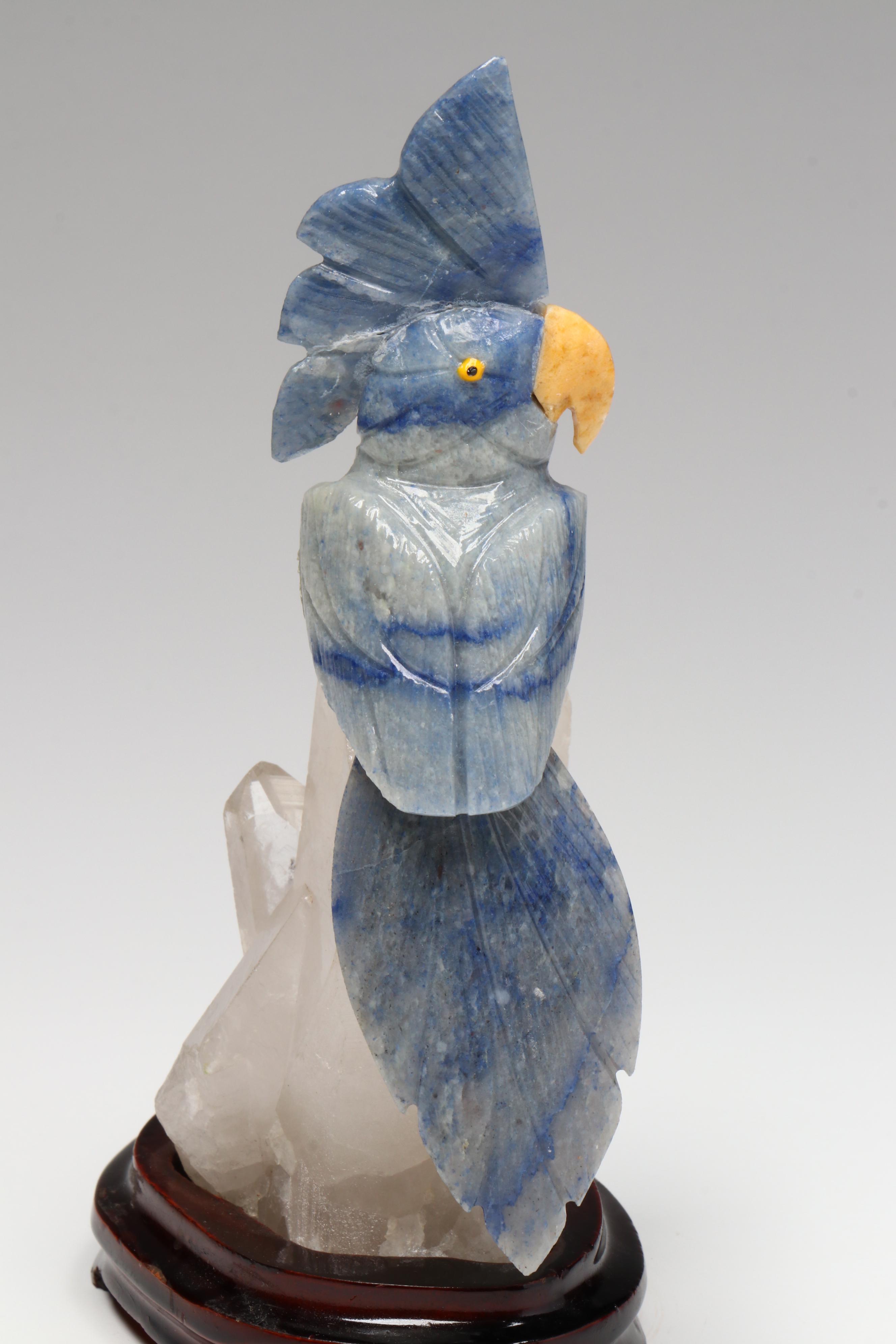 Brazilian Hand-Carved Sodalite and Stone Cockatoo with Clear Quartz Perch