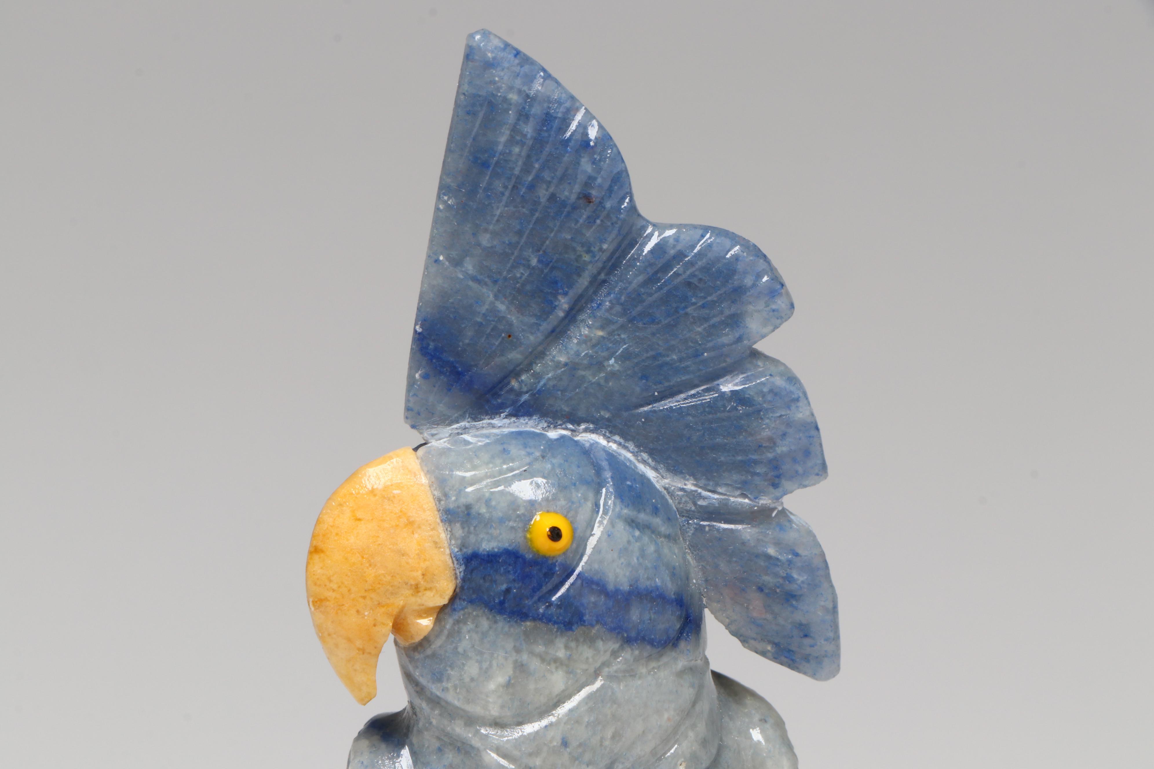 Brazilian Hand-Carved Sodalite and Stone Cockatoo with Clear Quartz Perch