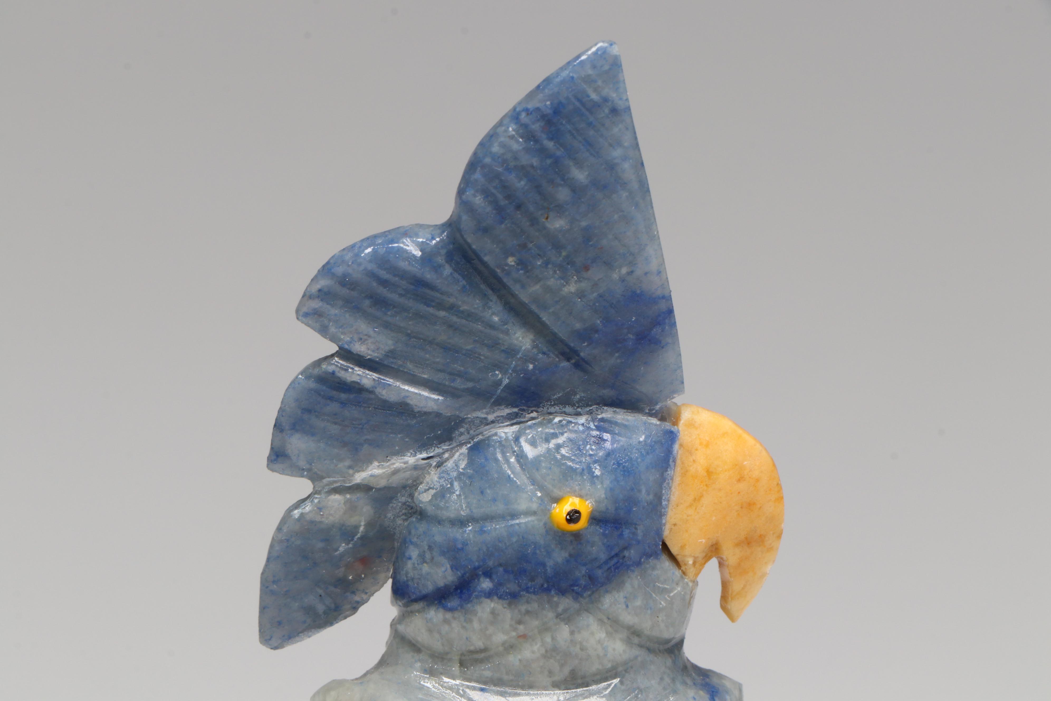 Brazilian Hand-Carved Sodalite and Stone Cockatoo with Clear Quartz Perch
