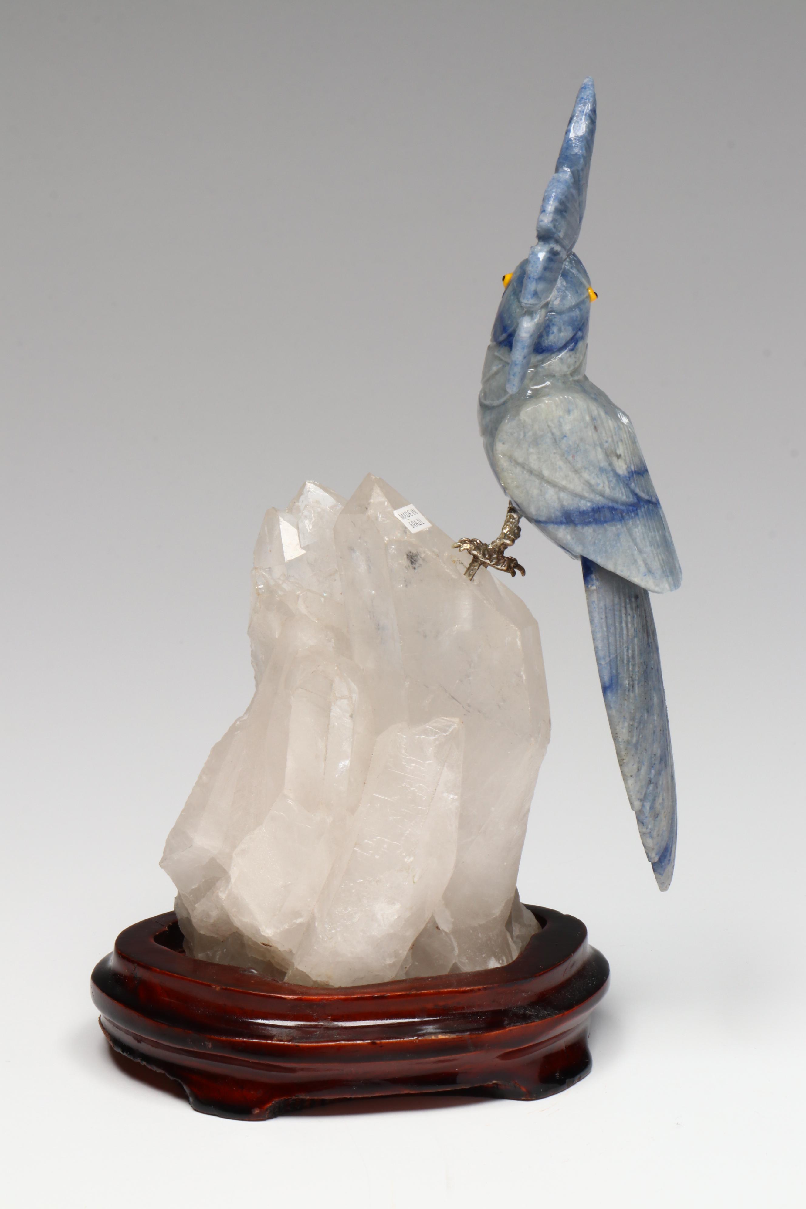 Brazilian Hand-Carved Sodalite and Stone Cockatoo with Clear Quartz Perch