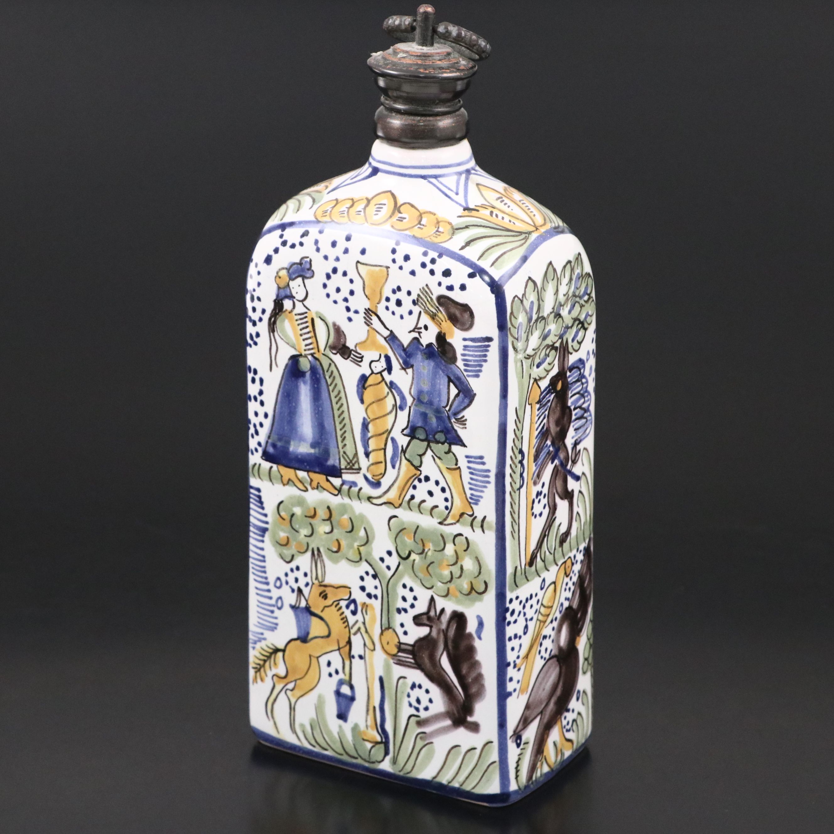 Antique Hungarian Faïence Bottle with Hand Blown Stirrup Cups