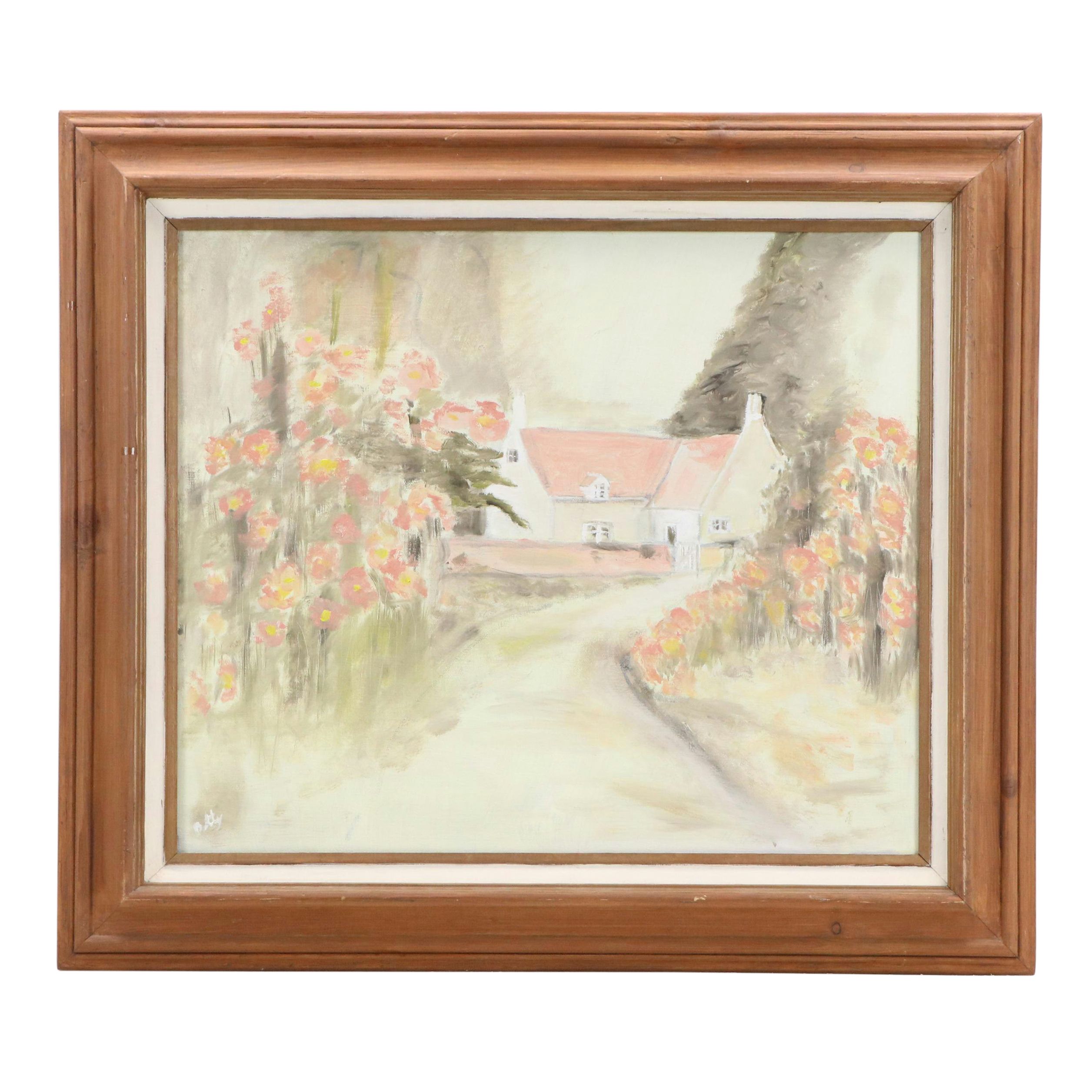 Oil Painting of Cottage in Landscape "Flower Garden," 1991