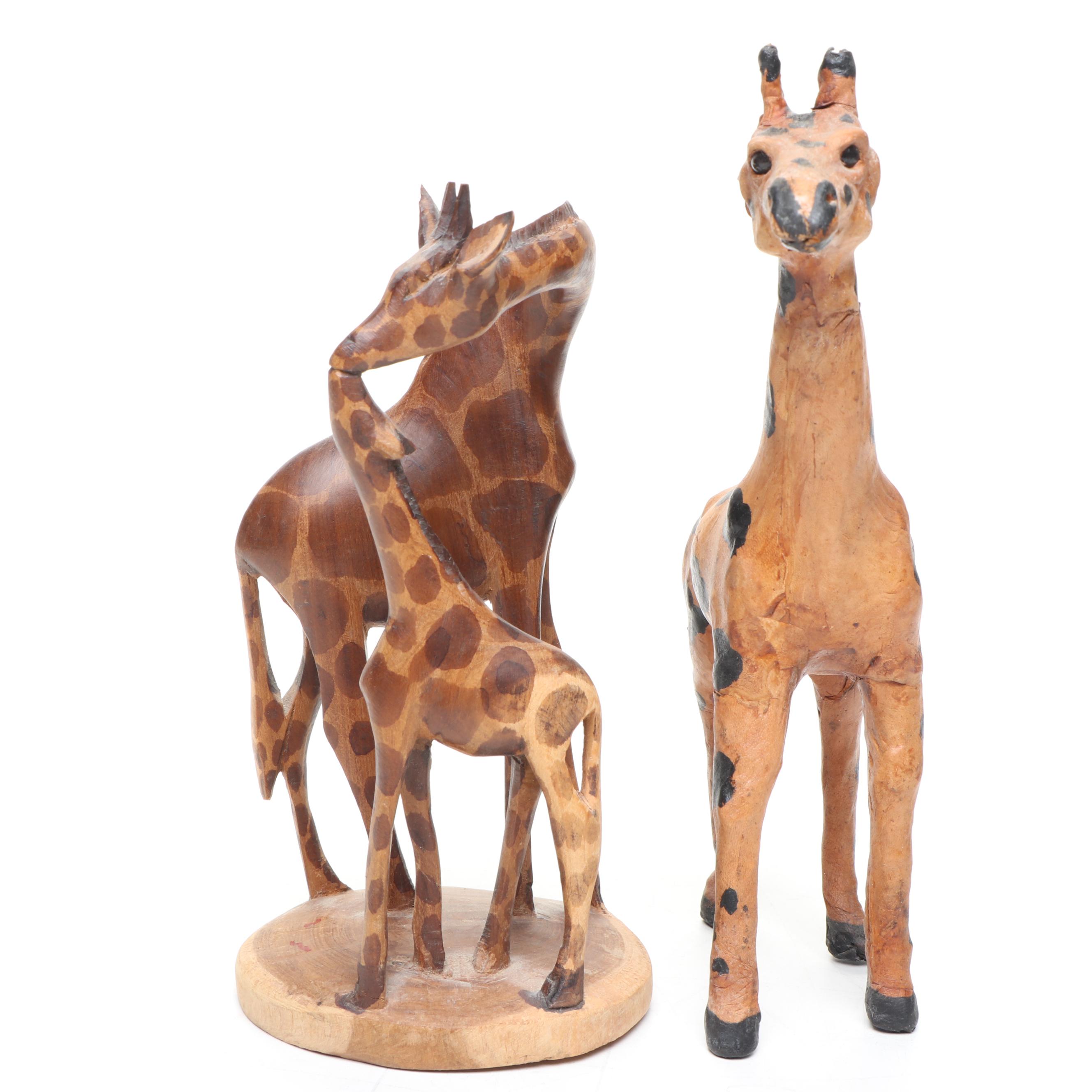 Leather and Hand-Carved Wooden Giraffe Figures