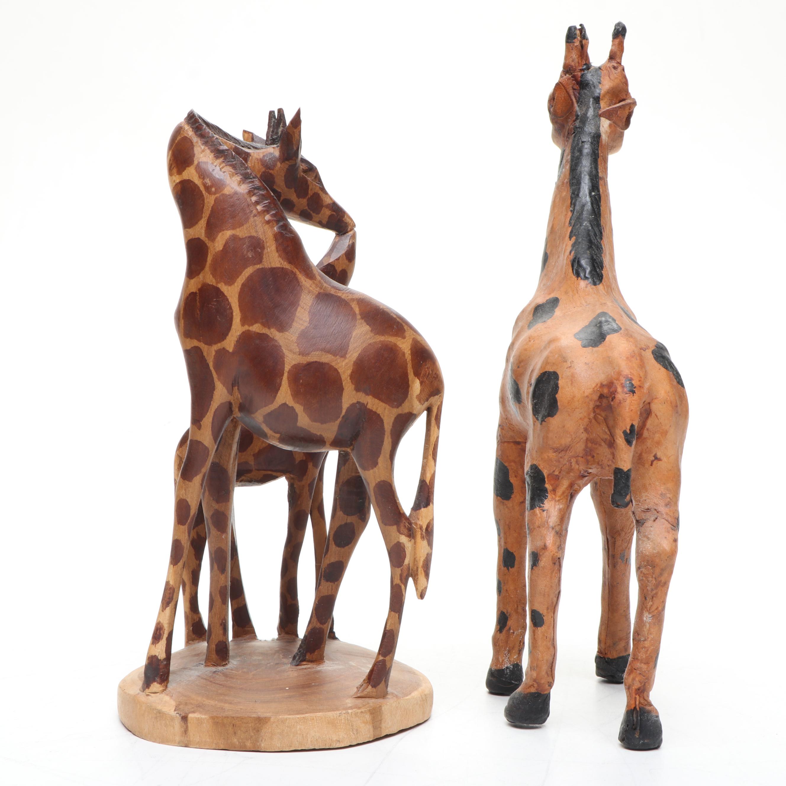 Leather and Hand-Carved Wooden Giraffe Figures