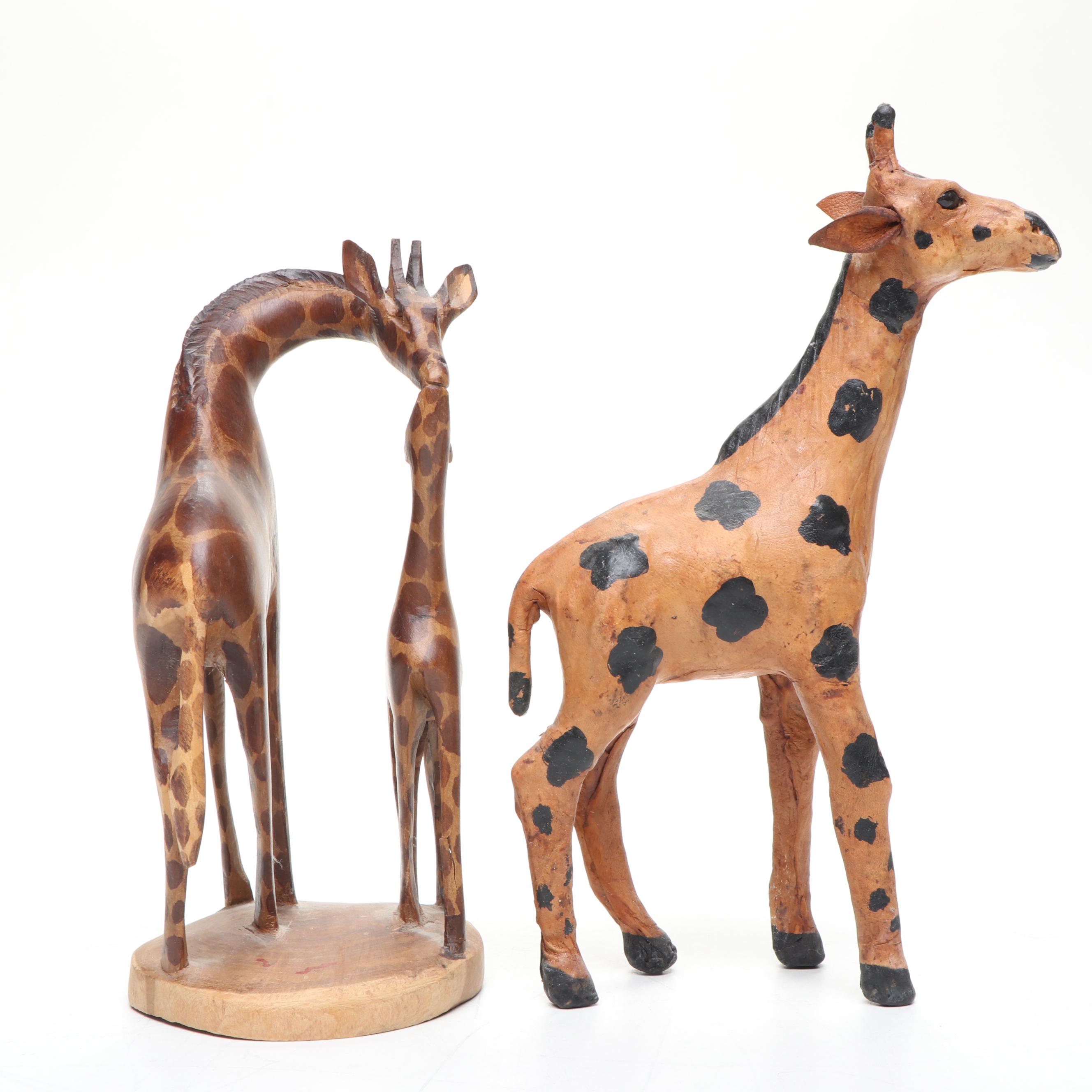 Leather and Hand-Carved Wooden Giraffe Figures