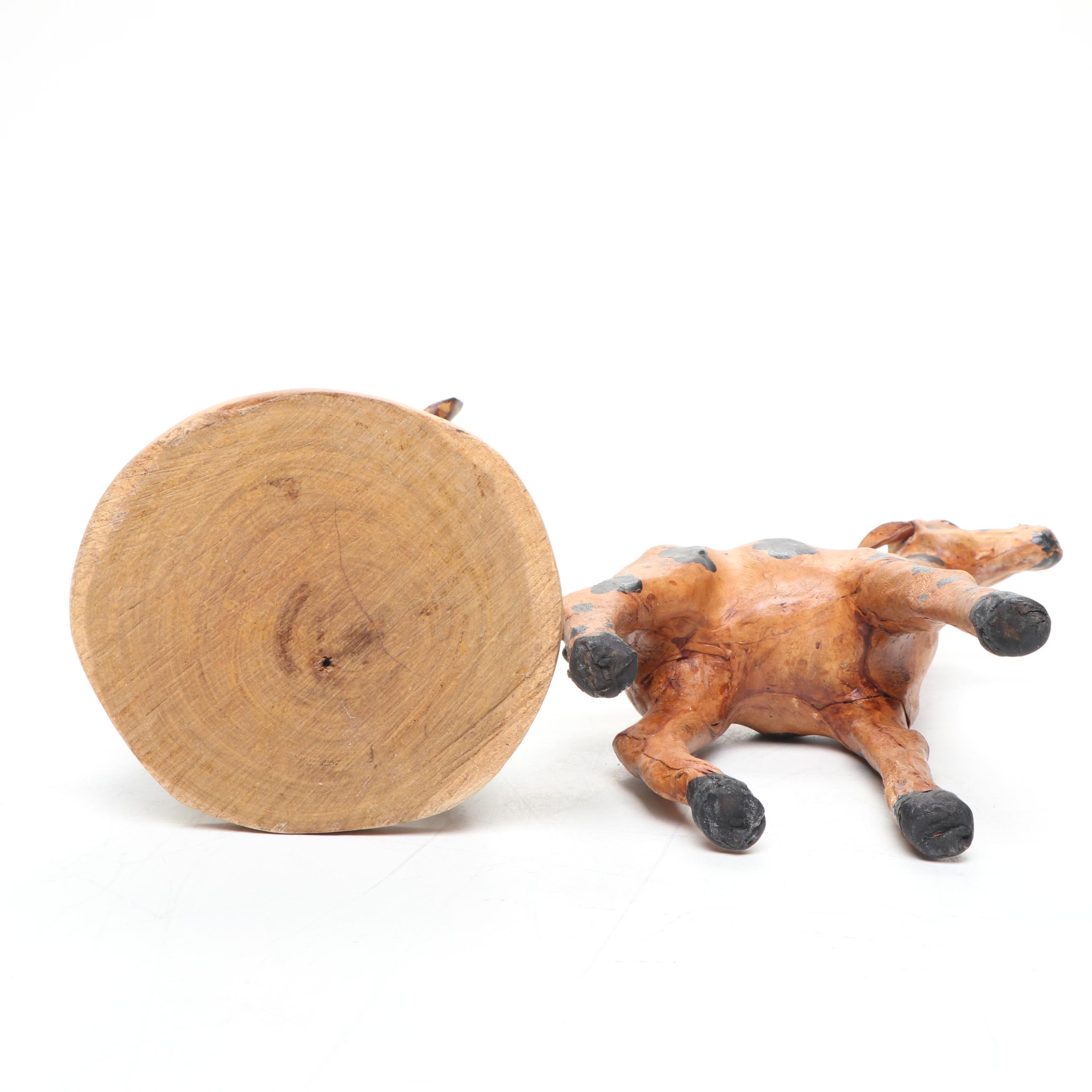 Leather and Hand-Carved Wooden Giraffe Figures