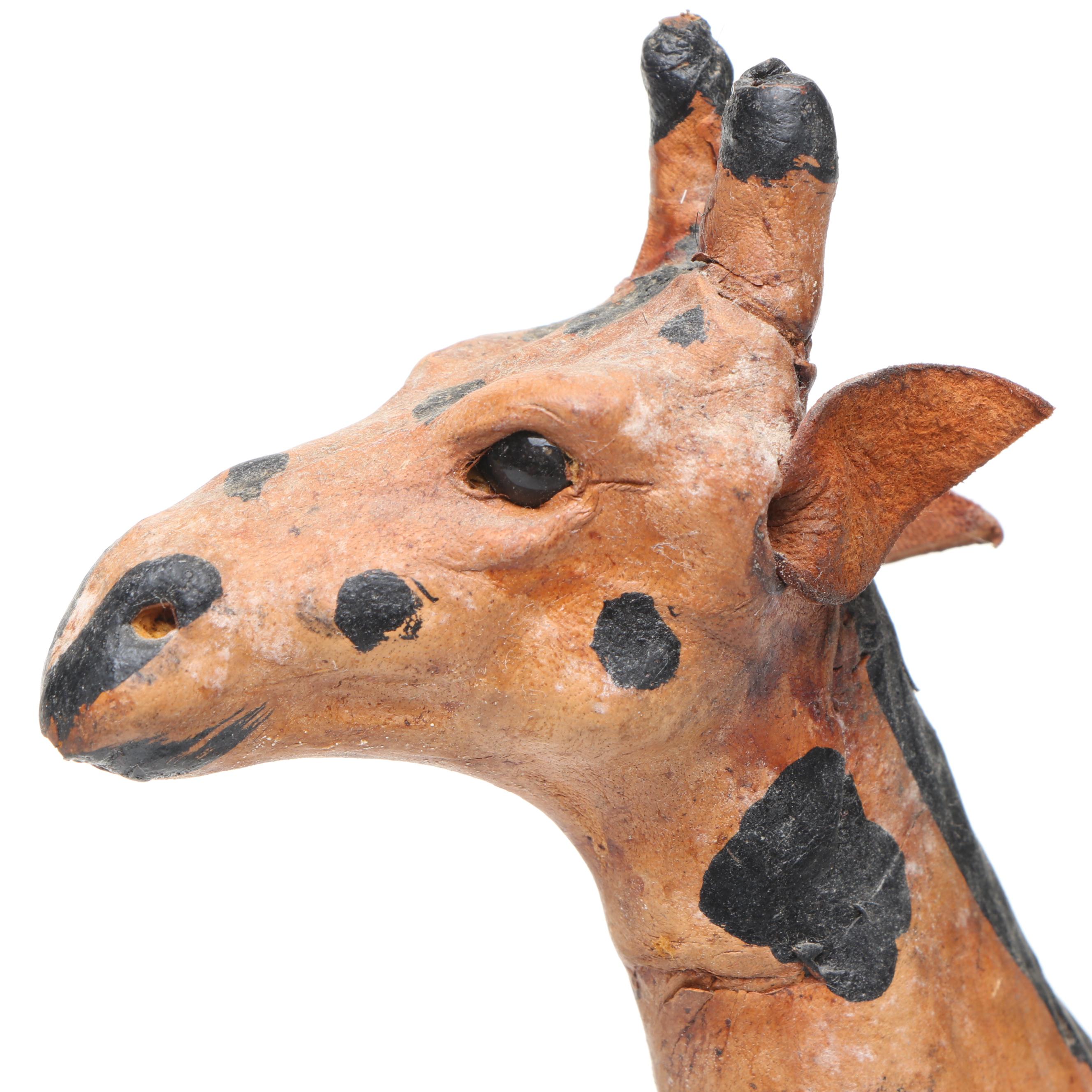 Leather and Hand-Carved Wooden Giraffe Figures