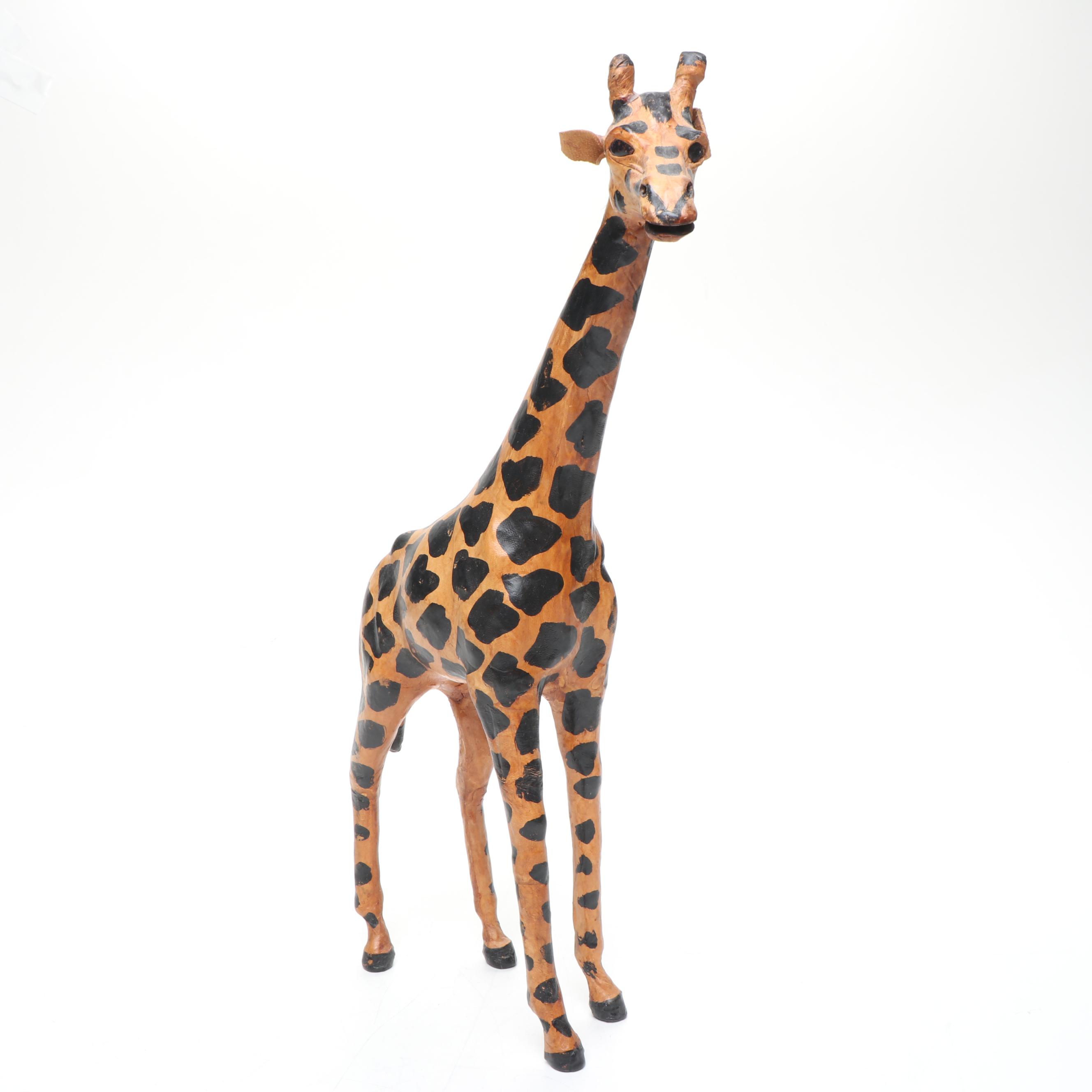 Leather and Hand-Carved Wooden Giraffe Figures