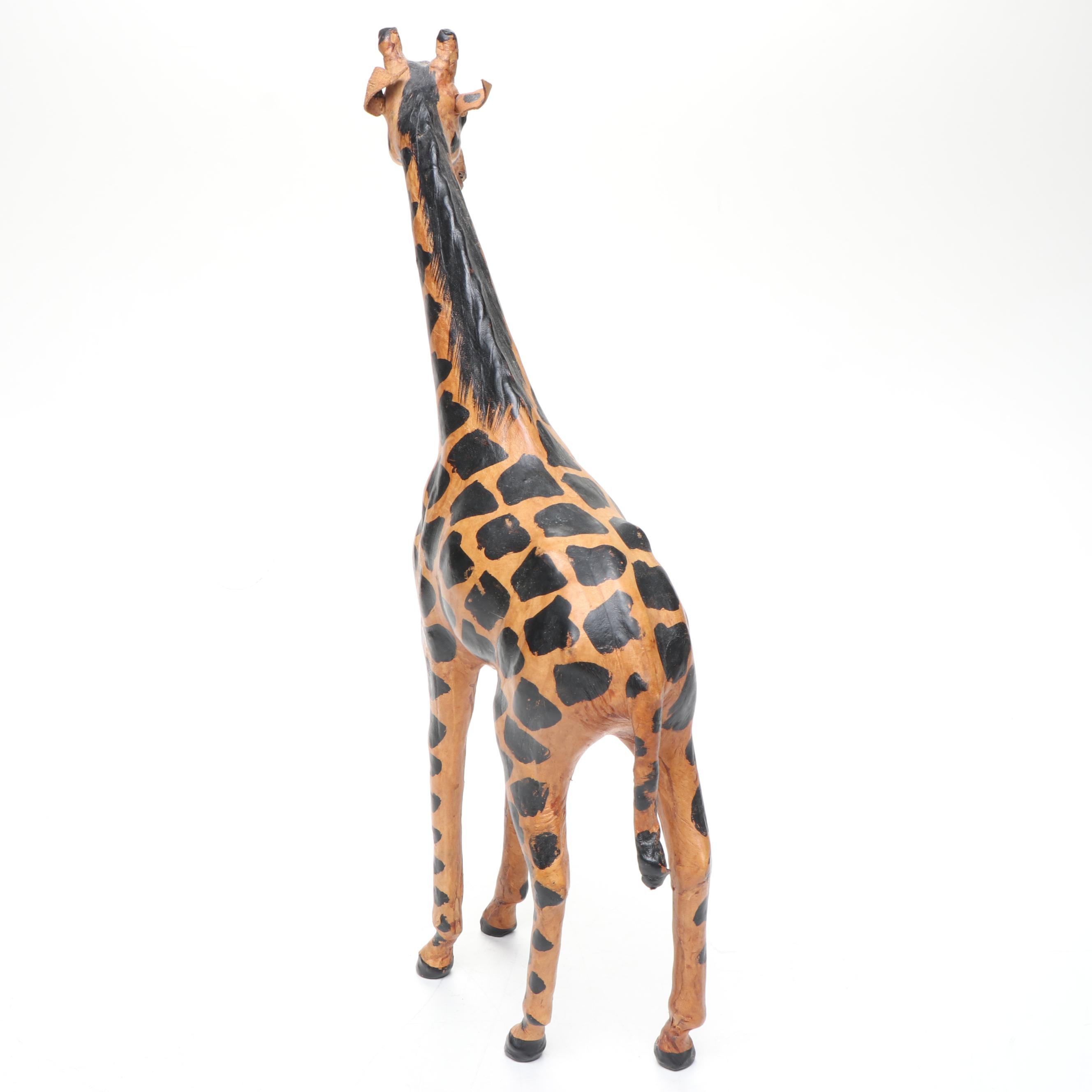 Leather and Hand-Carved Wooden Giraffe Figures
