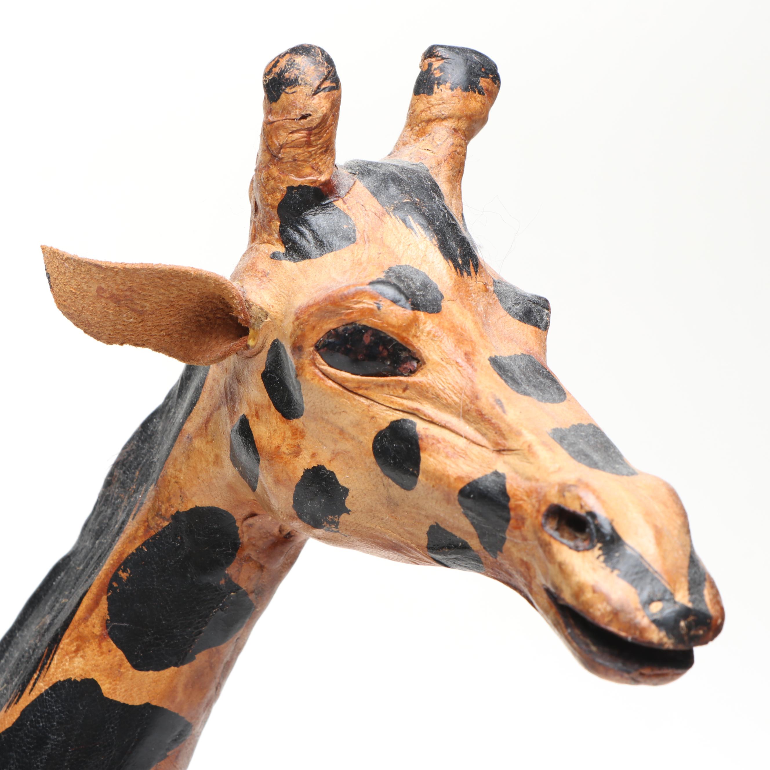 Leather and Hand-Carved Wooden Giraffe Figures