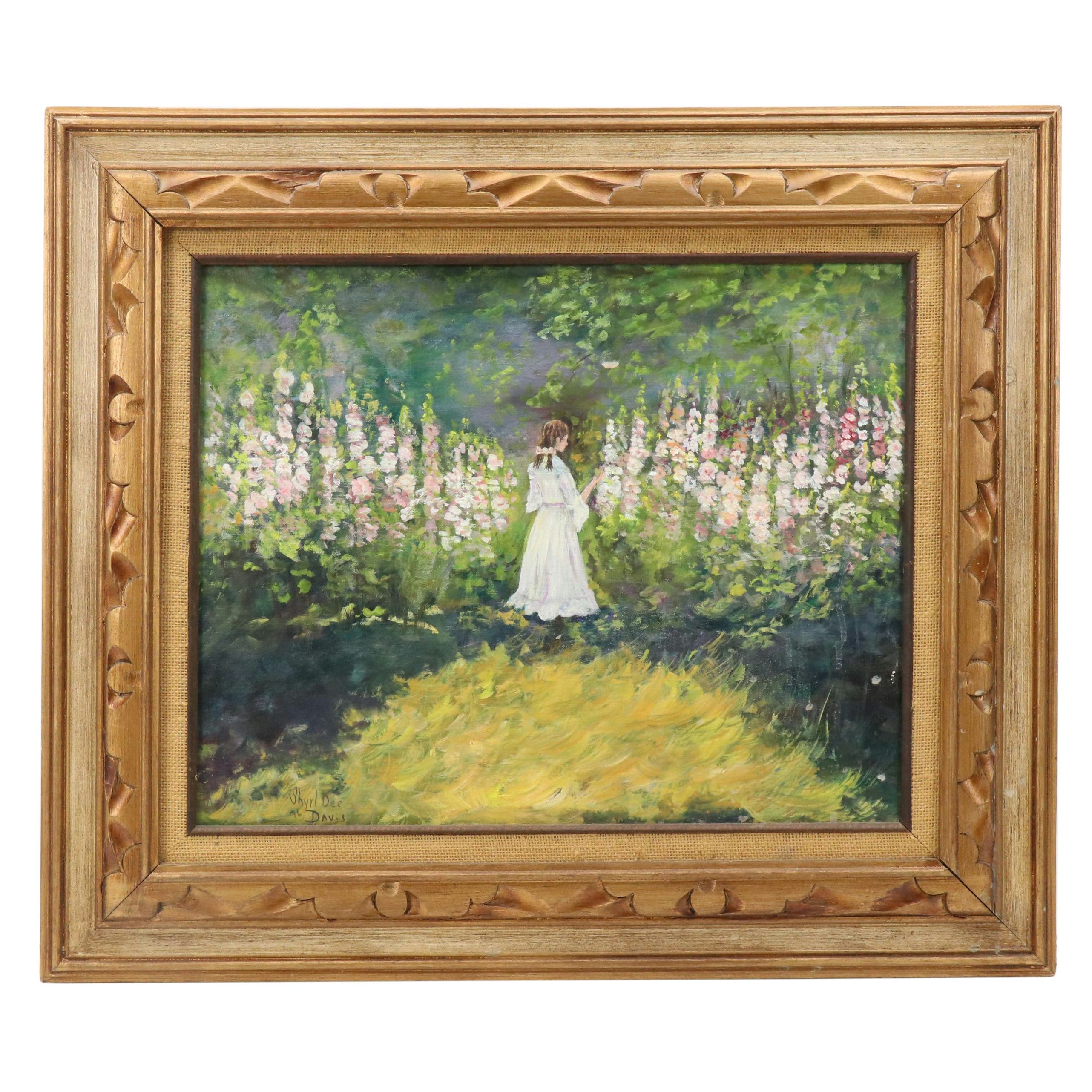 Impressionistic Style Oil Painting of Woman in Floral Landscape, 1996
