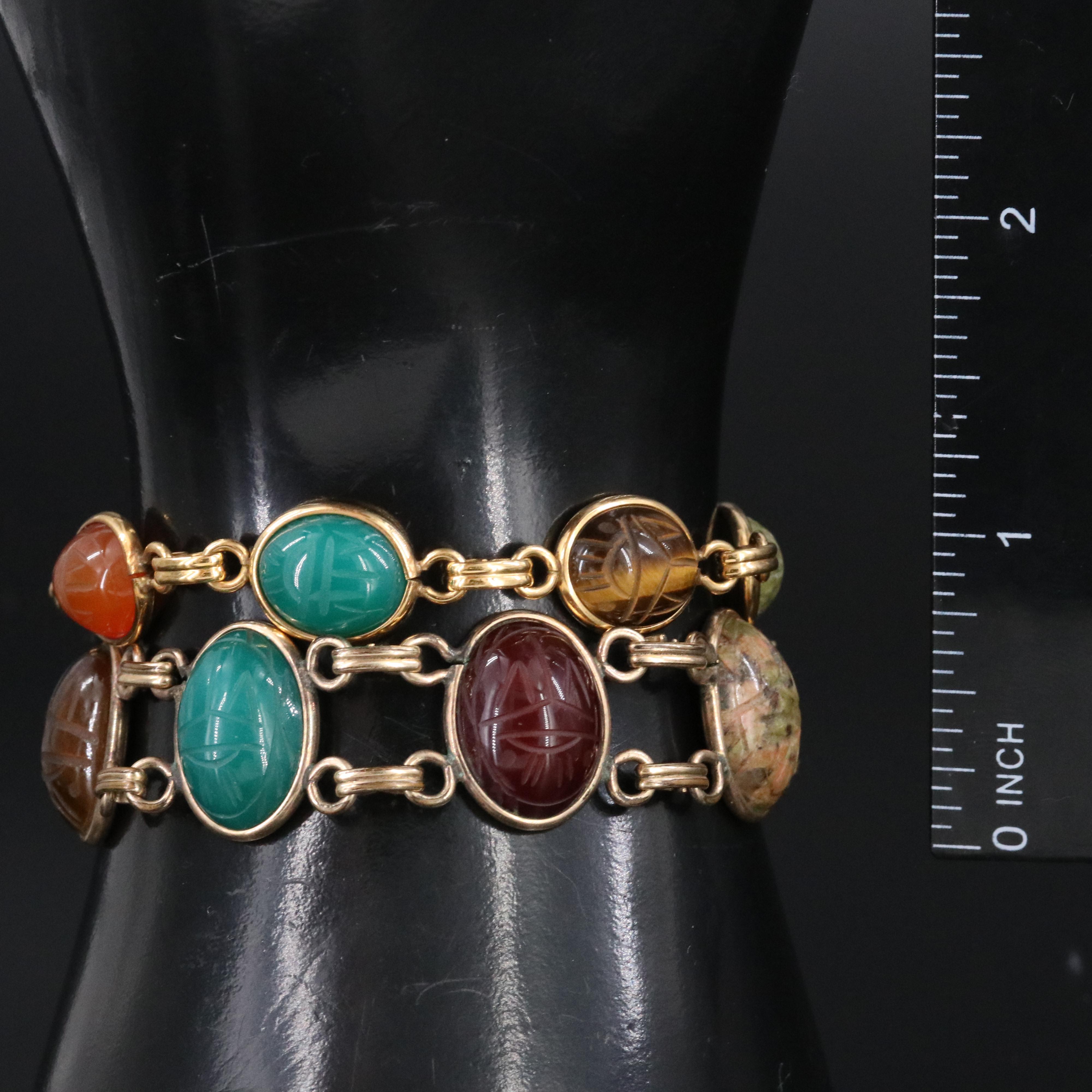 Vintage Gold-Filled Scarab Bracelets Featuring Unakite, Chalcedony and Rhodonite