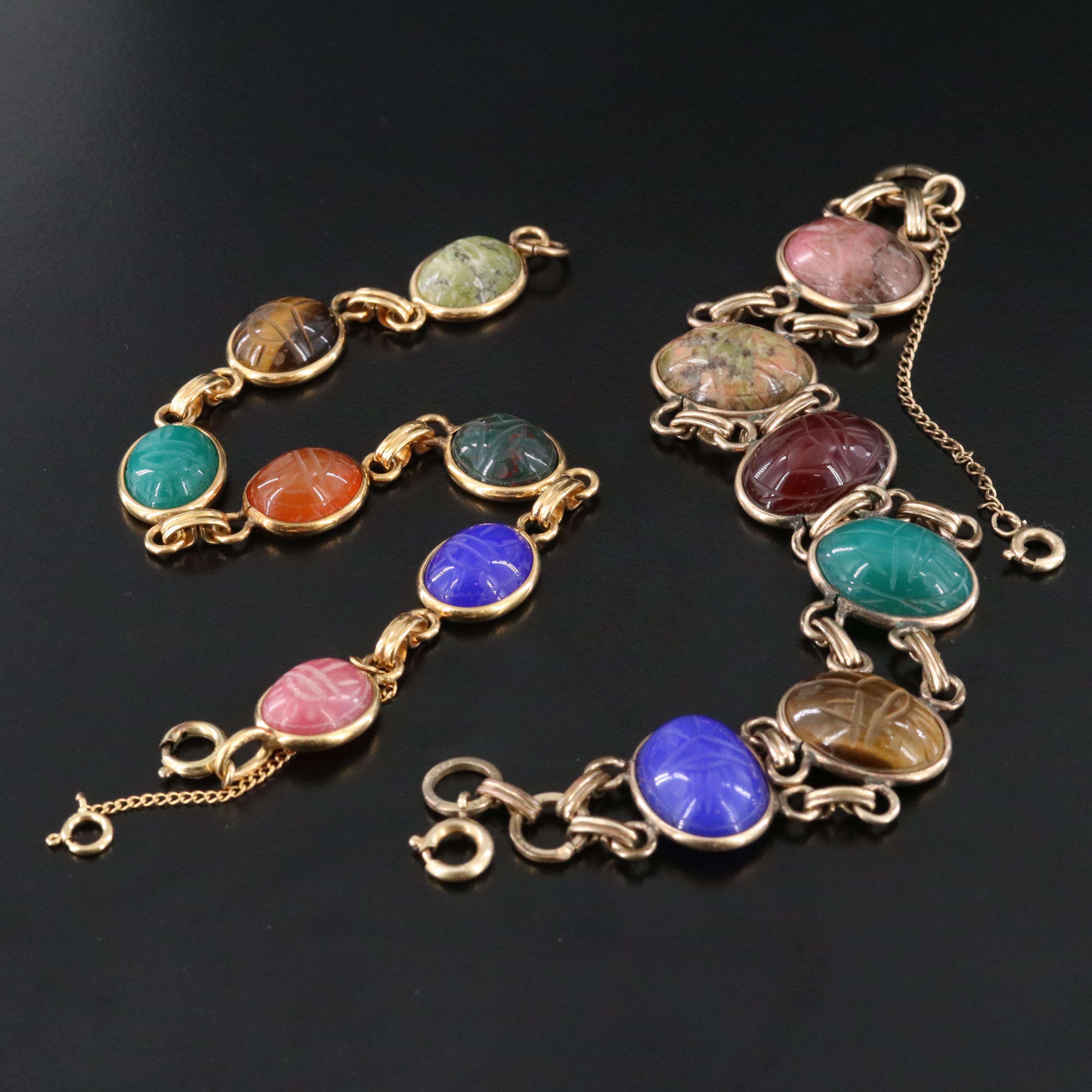 Vintage Gold-Filled Scarab Bracelets Featuring Unakite, Chalcedony and Rhodonite