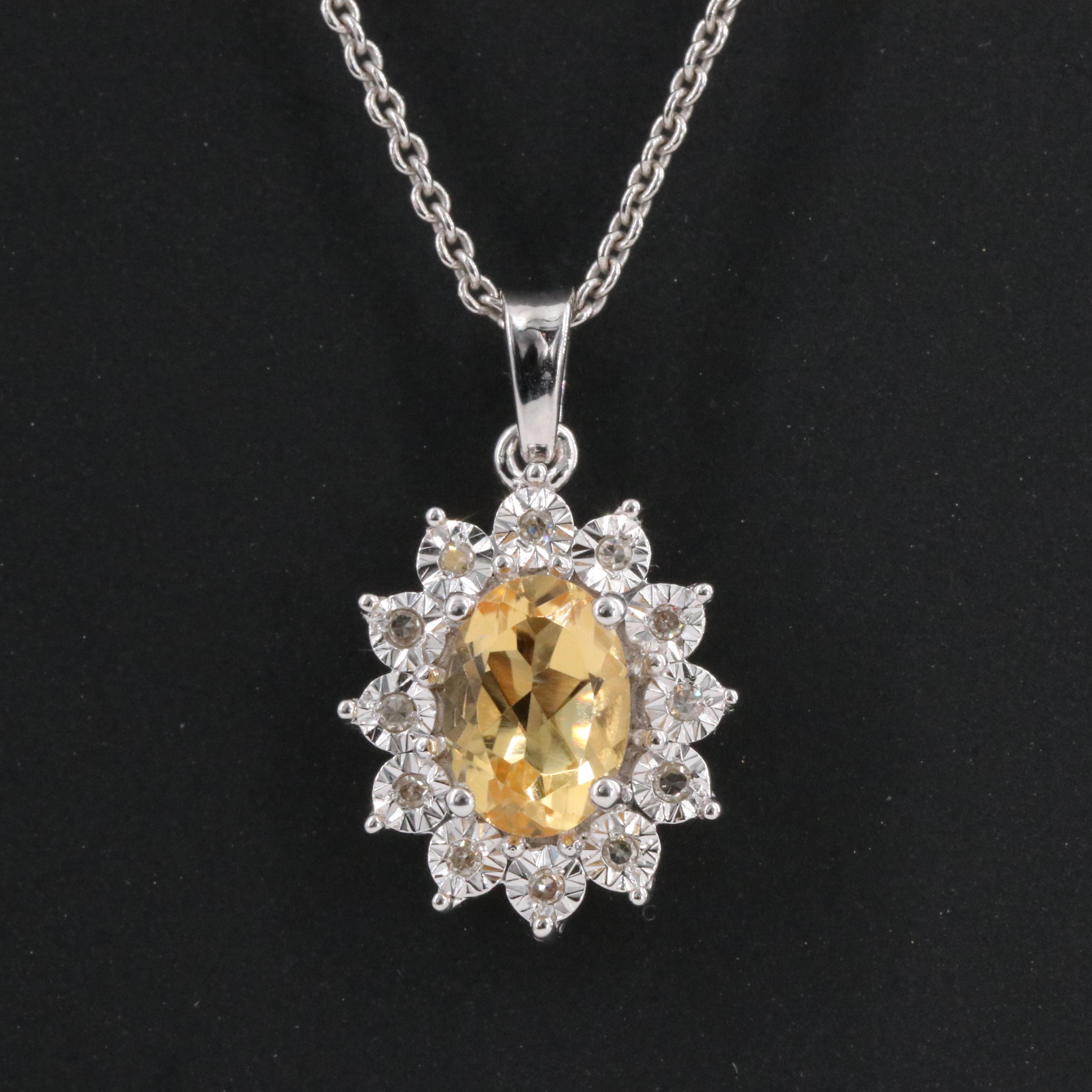 Sterling Citrine and Diamond Pendant Necklace