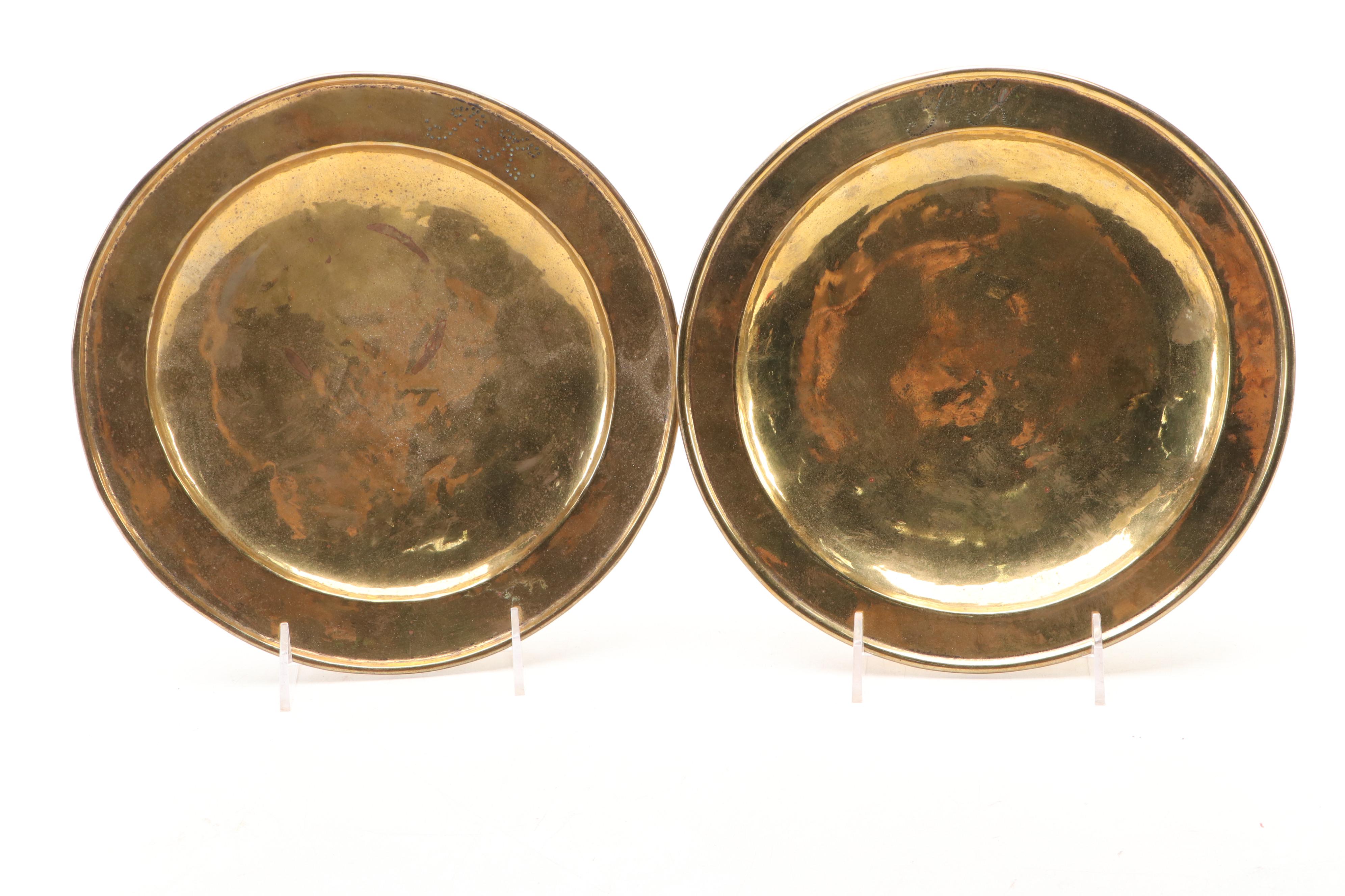 Dutch 18th Century Brass Plates with Dish Cross and Candle Snuffer Stand