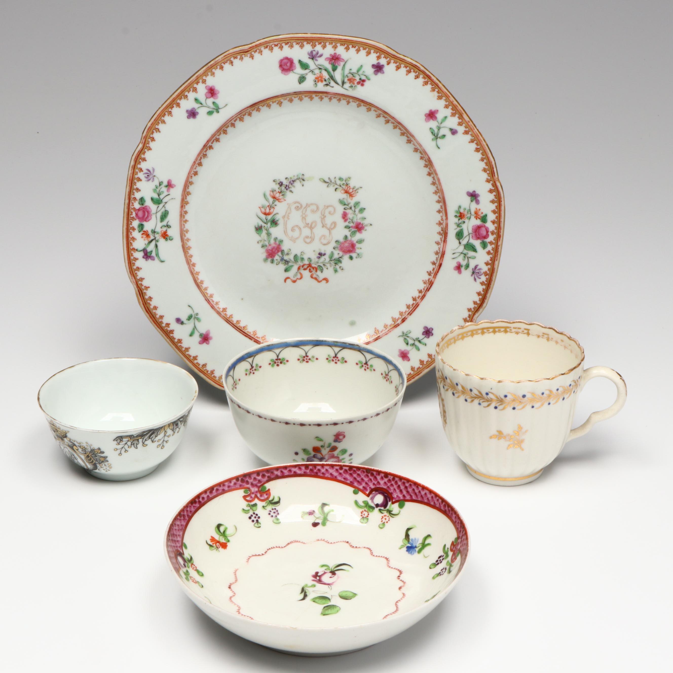 New Hall Floral Porcelain Saucer with Other Georgian Tea Bowls and Cups