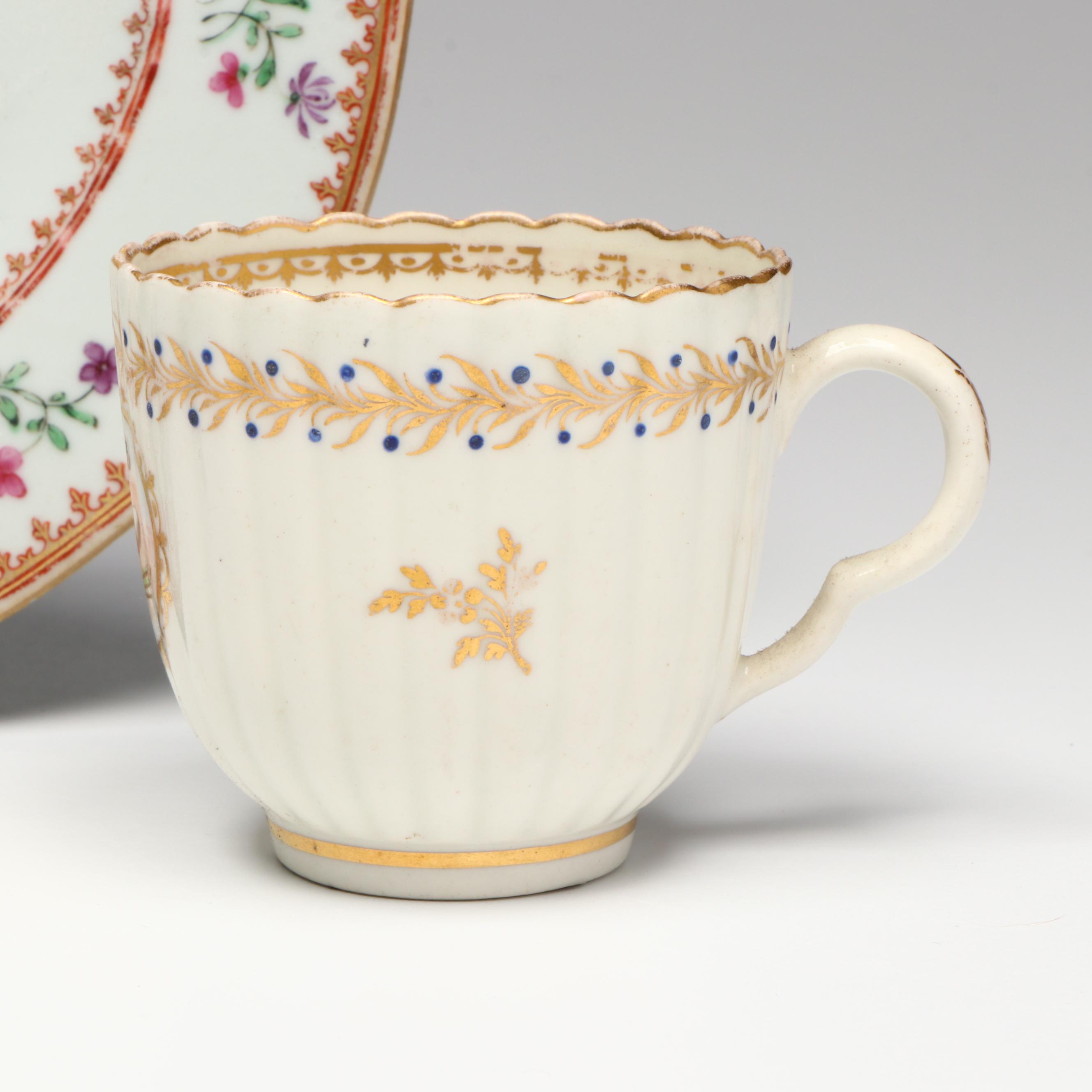 New Hall Floral Porcelain Saucer with Other Georgian Tea Bowls and Cups