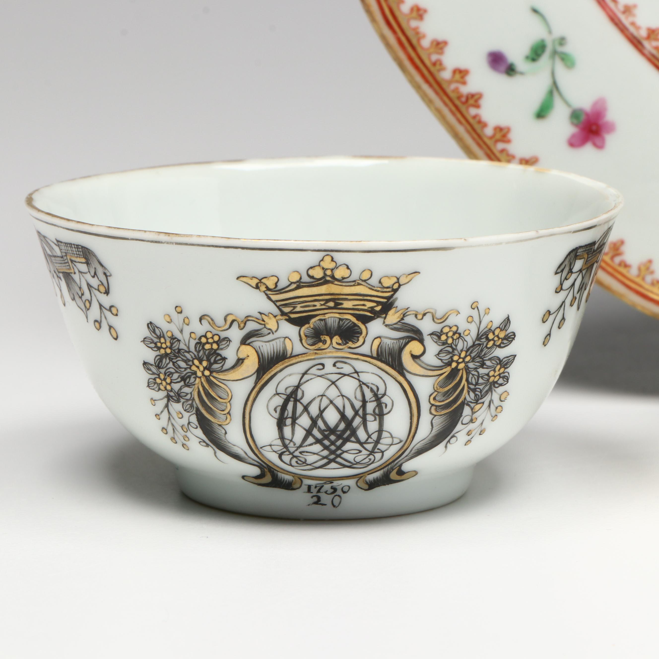 New Hall Floral Porcelain Saucer with Other Georgian Tea Bowls and Cups