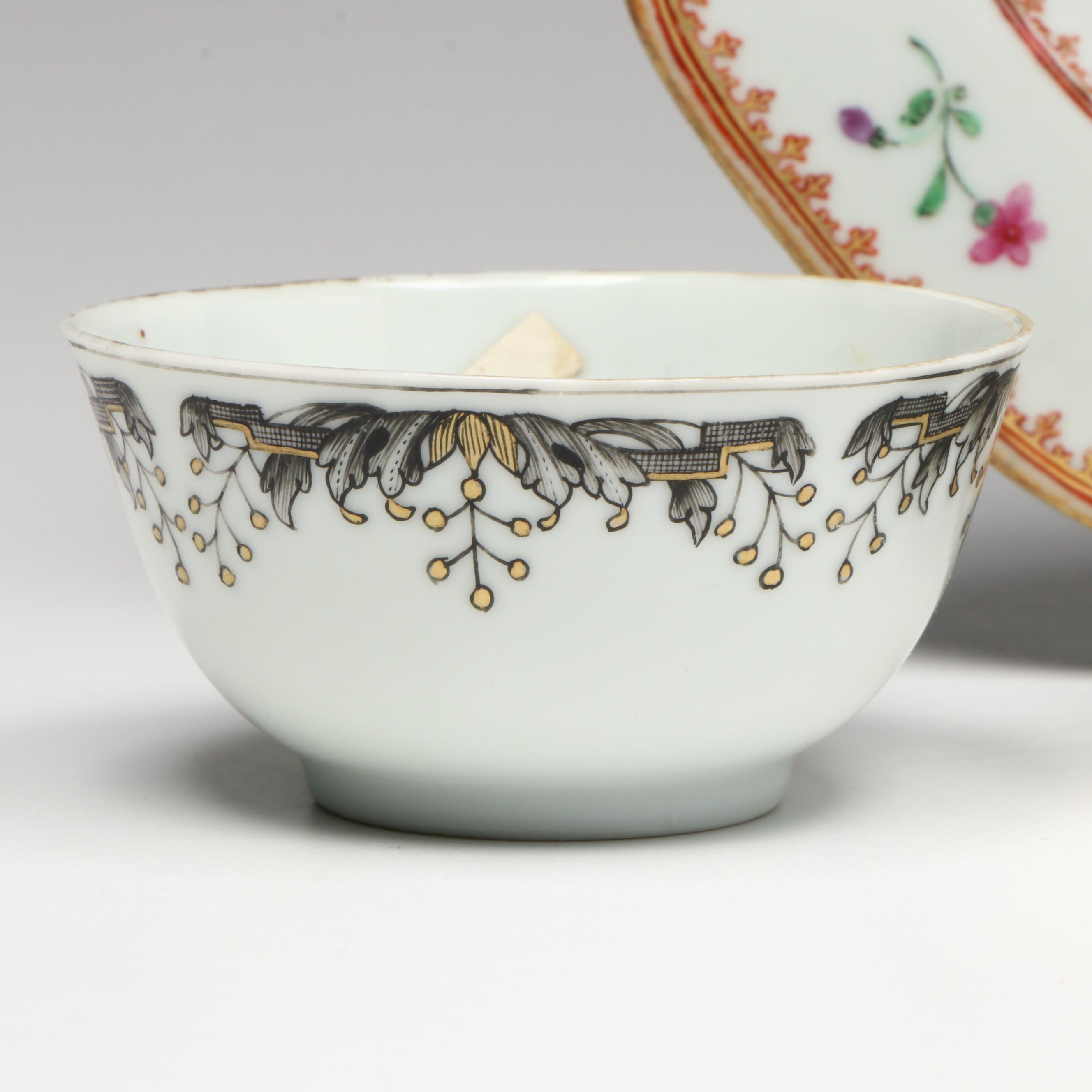 New Hall Floral Porcelain Saucer with Other Georgian Tea Bowls and Cups