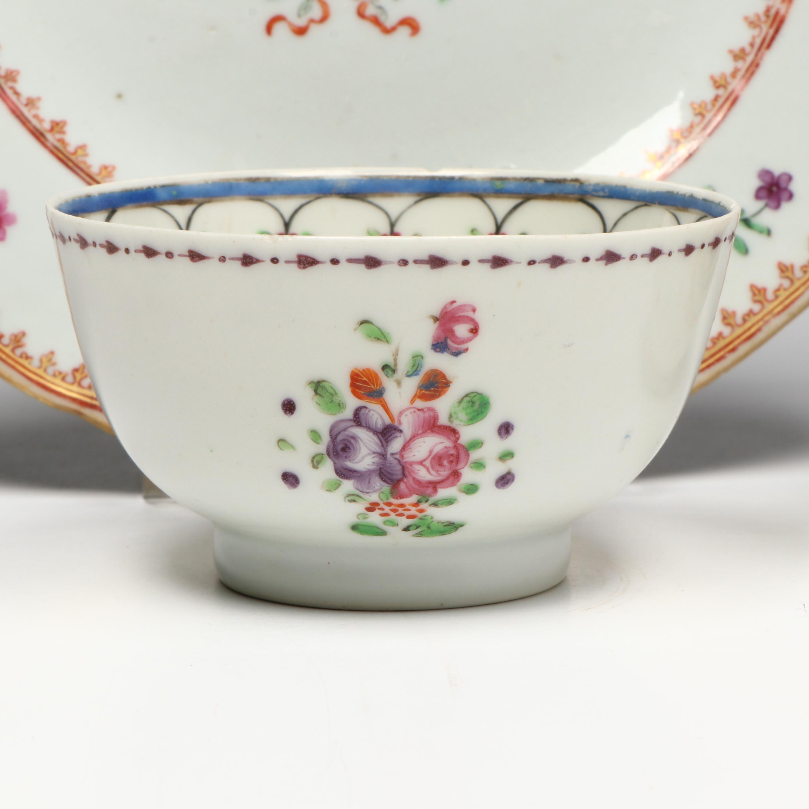 New Hall Floral Porcelain Saucer with Other Georgian Tea Bowls and Cups