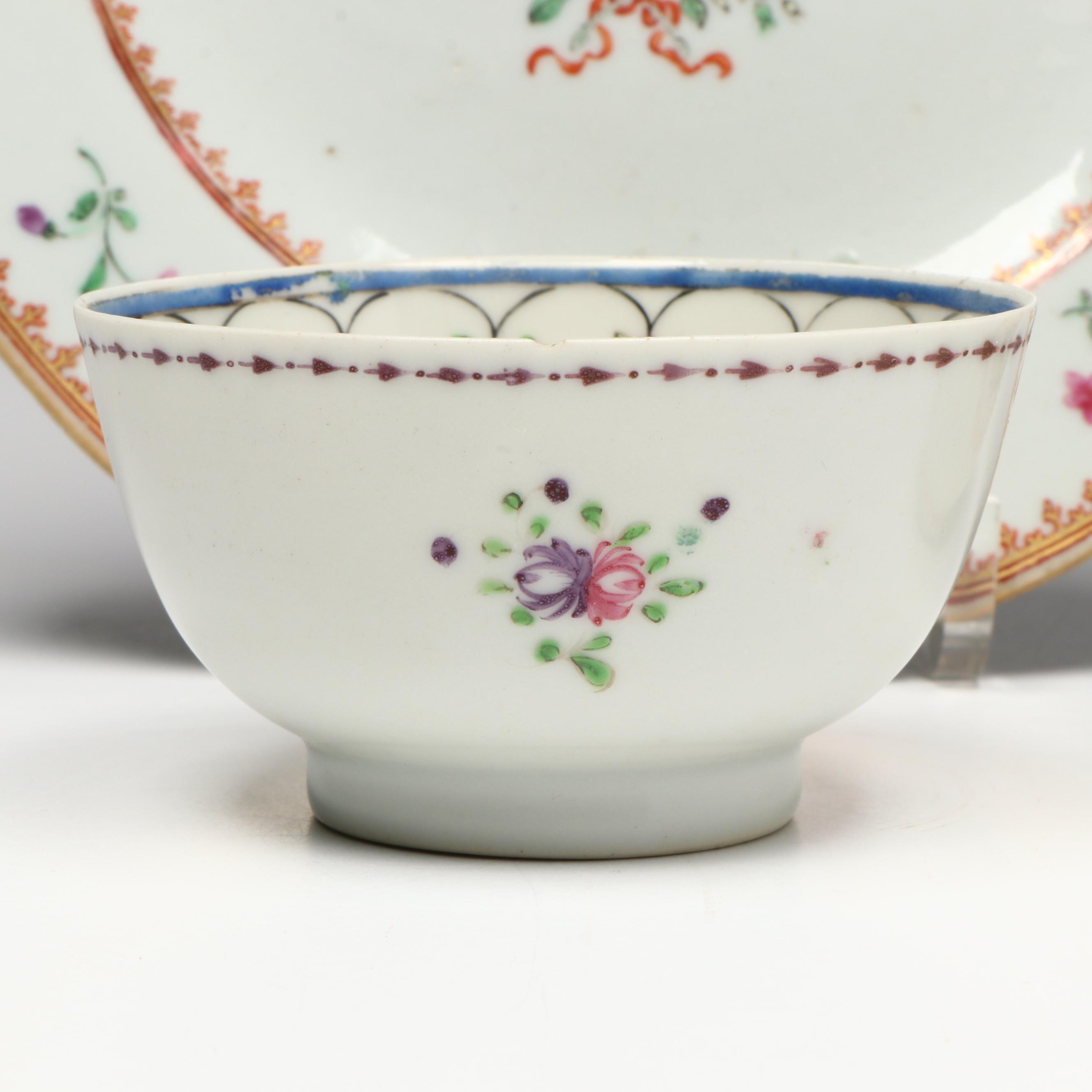New Hall Floral Porcelain Saucer with Other Georgian Tea Bowls and Cups