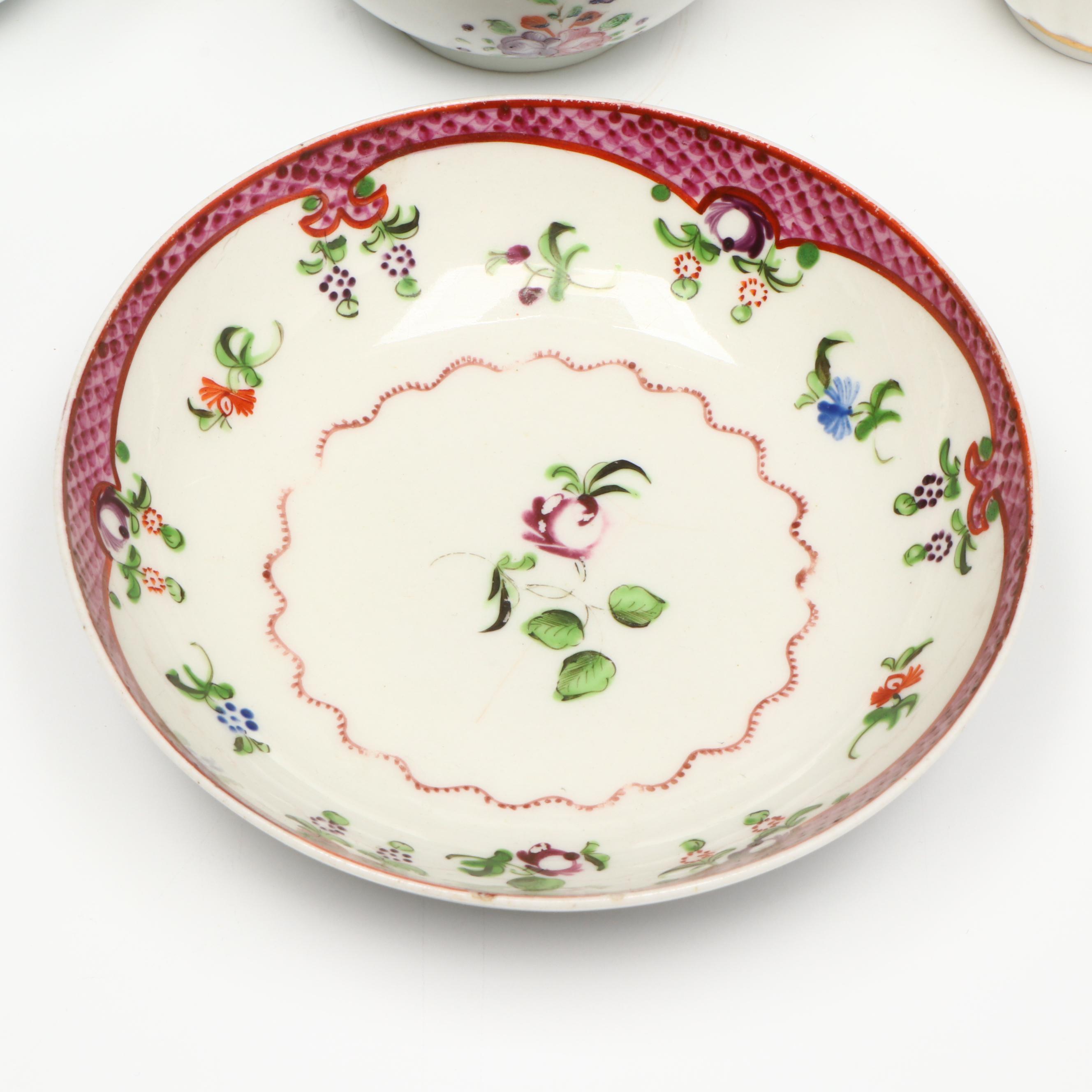 New Hall Floral Porcelain Saucer with Other Georgian Tea Bowls and Cups