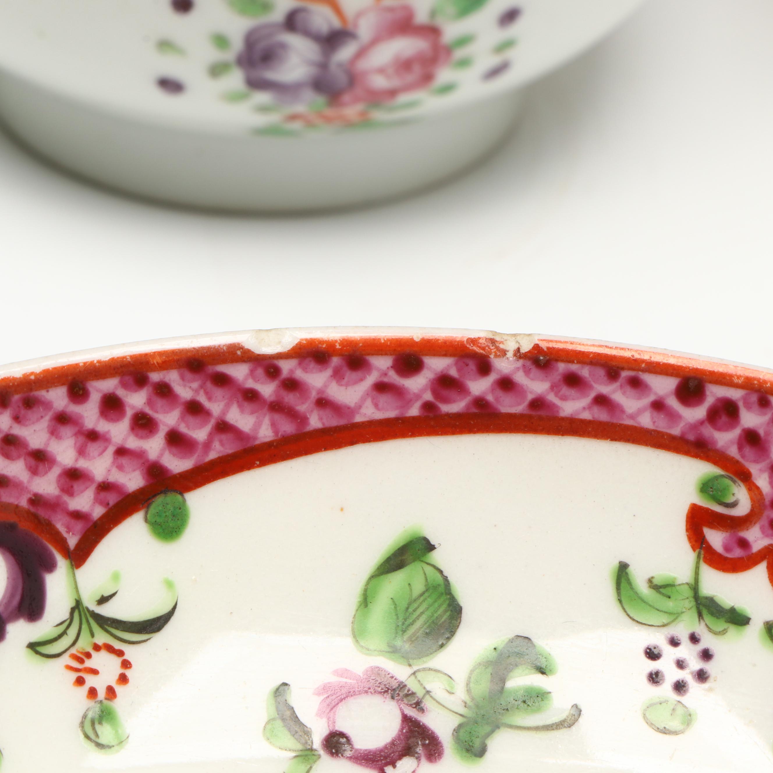 New Hall Floral Porcelain Saucer with Other Georgian Tea Bowls and Cups