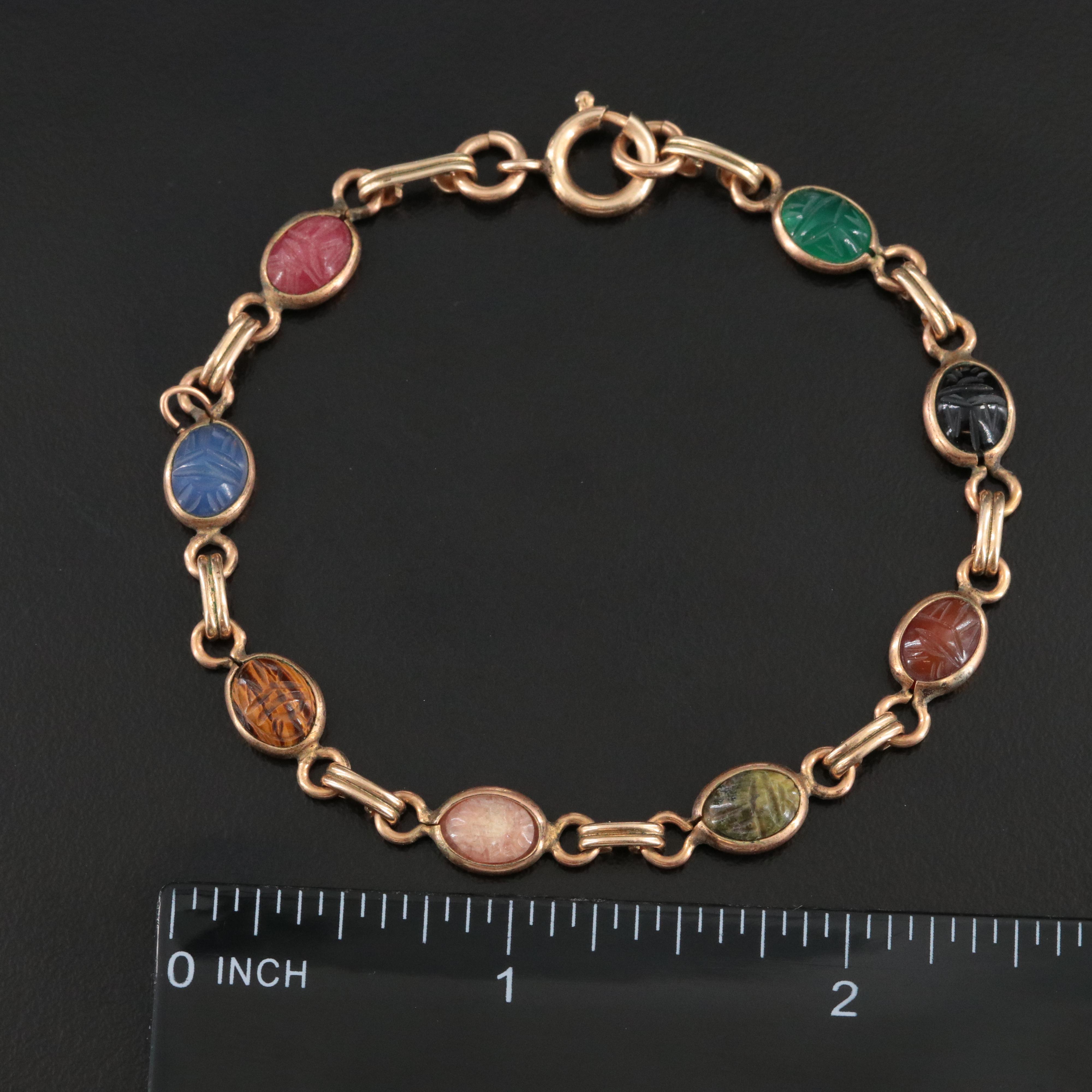 Gold-Filled Scarab Bracelet Featuring Tiger's Eye, Unakite and Chalcedony