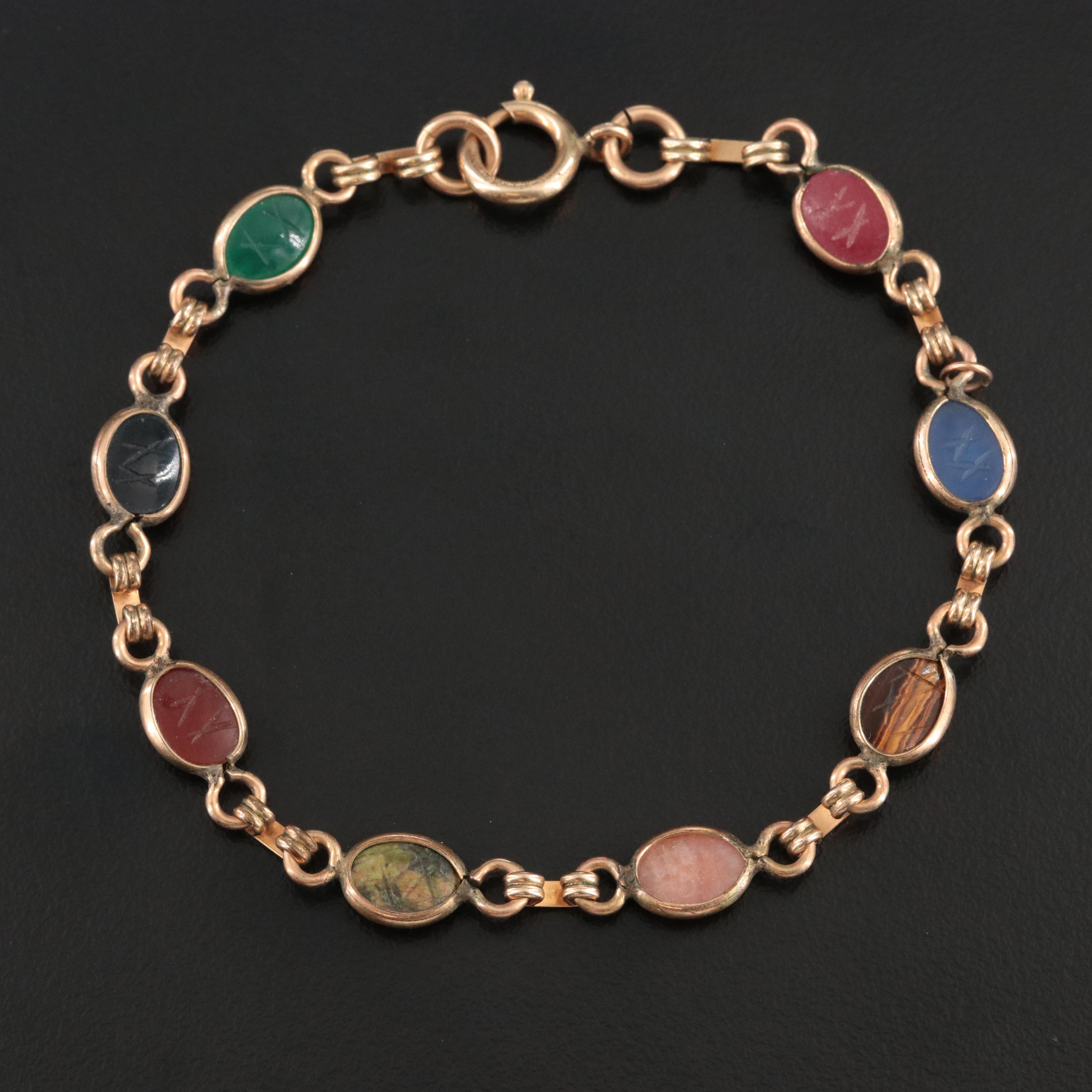 Gold-Filled Scarab Bracelet Featuring Tiger's Eye, Unakite and Chalcedony