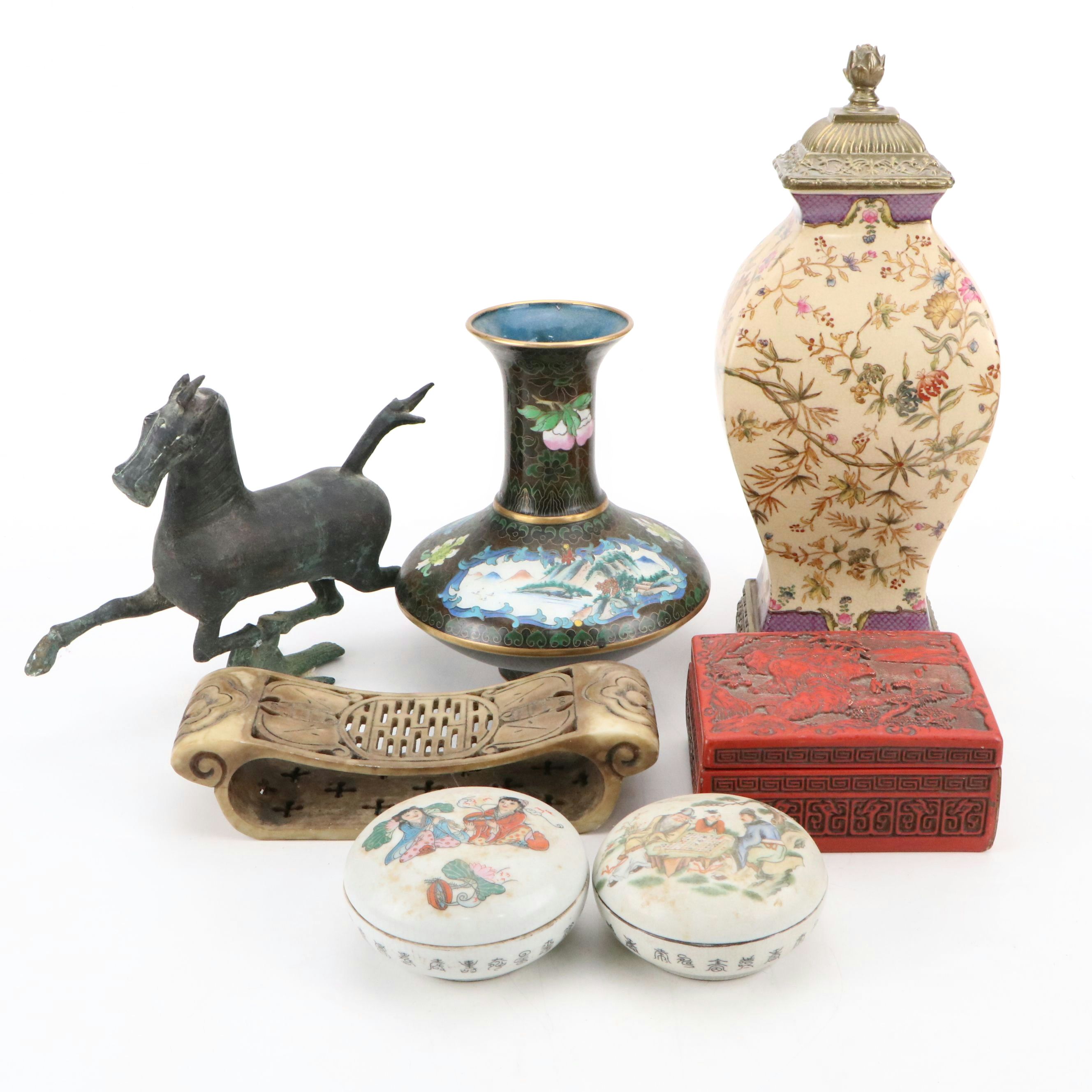 Carved Stone Bat Pillow, Red Lacquerware Box and Other Chinese Décor