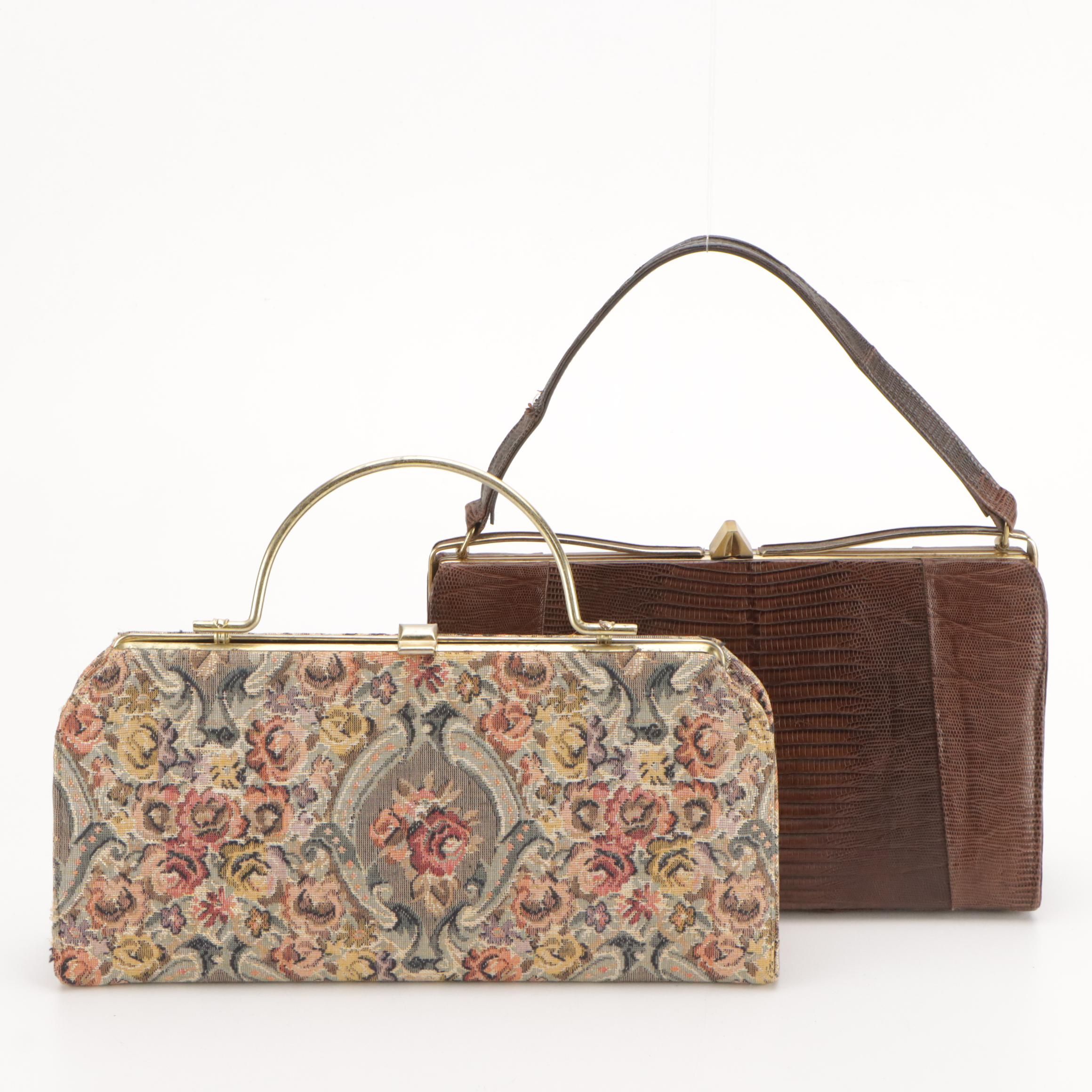 Melbourne Bags Vintage Lizardskin Bag with Other Floral Tapestry Frame Bag
