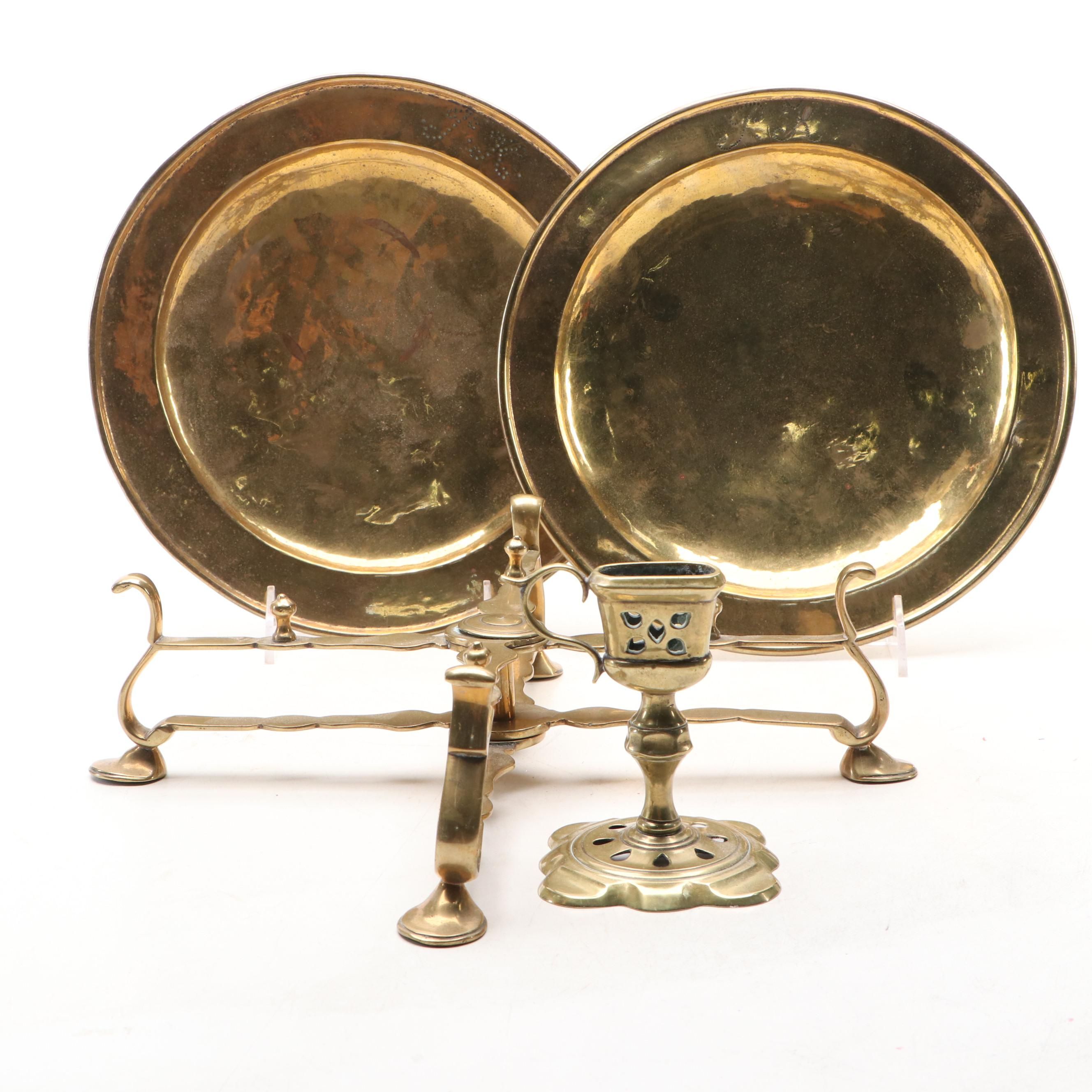 Dutch 18th Century Brass Plates with Dish Cross and Candle Snuffer Stand