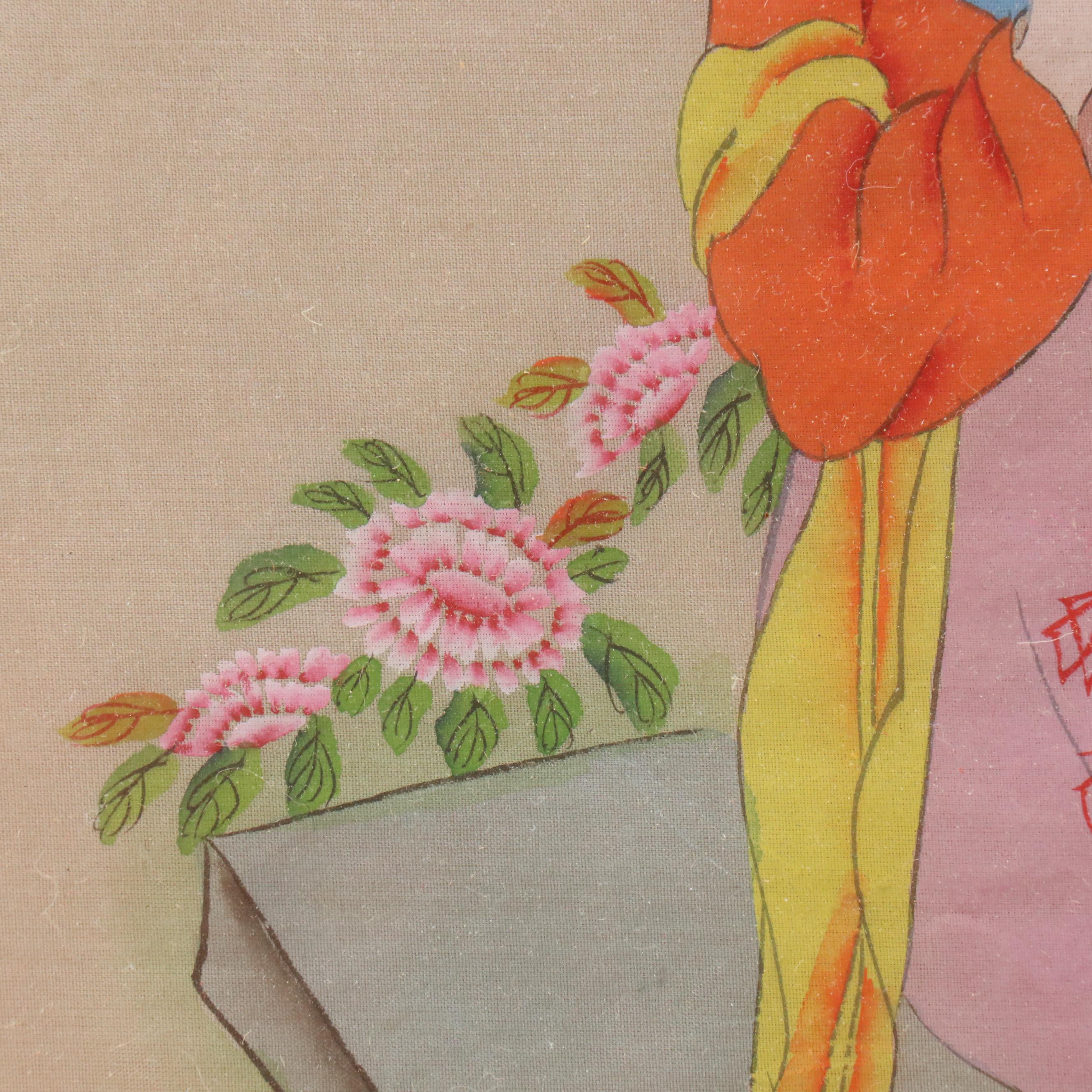 Japanese Gouache Painting on Fabric of Woman Reading in a Garden, Mid-20th C.
