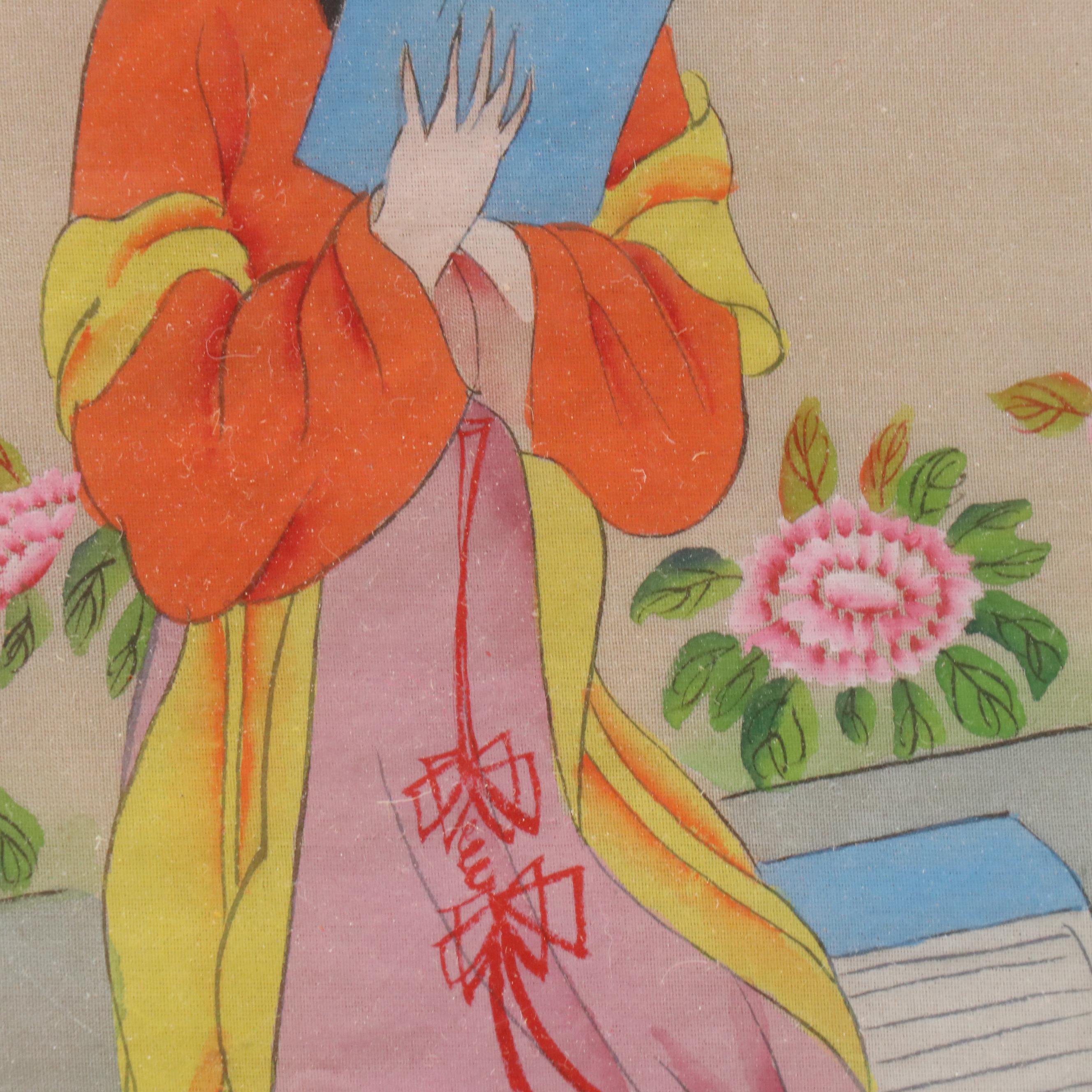 Japanese Gouache Painting on Fabric of Woman Reading in a Garden, Mid-20th C.