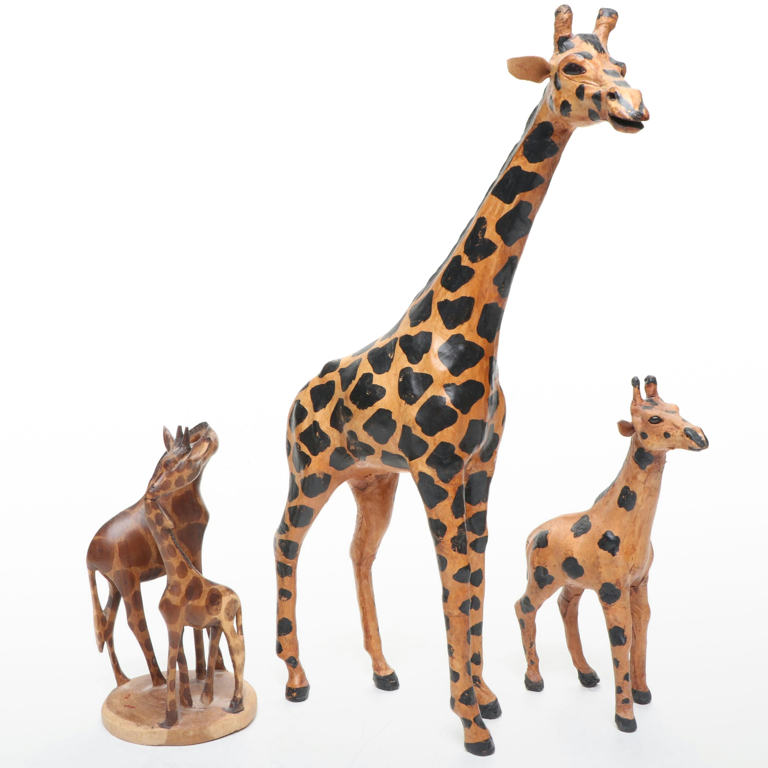 Leather and Hand-Carved Wooden Giraffe Figures